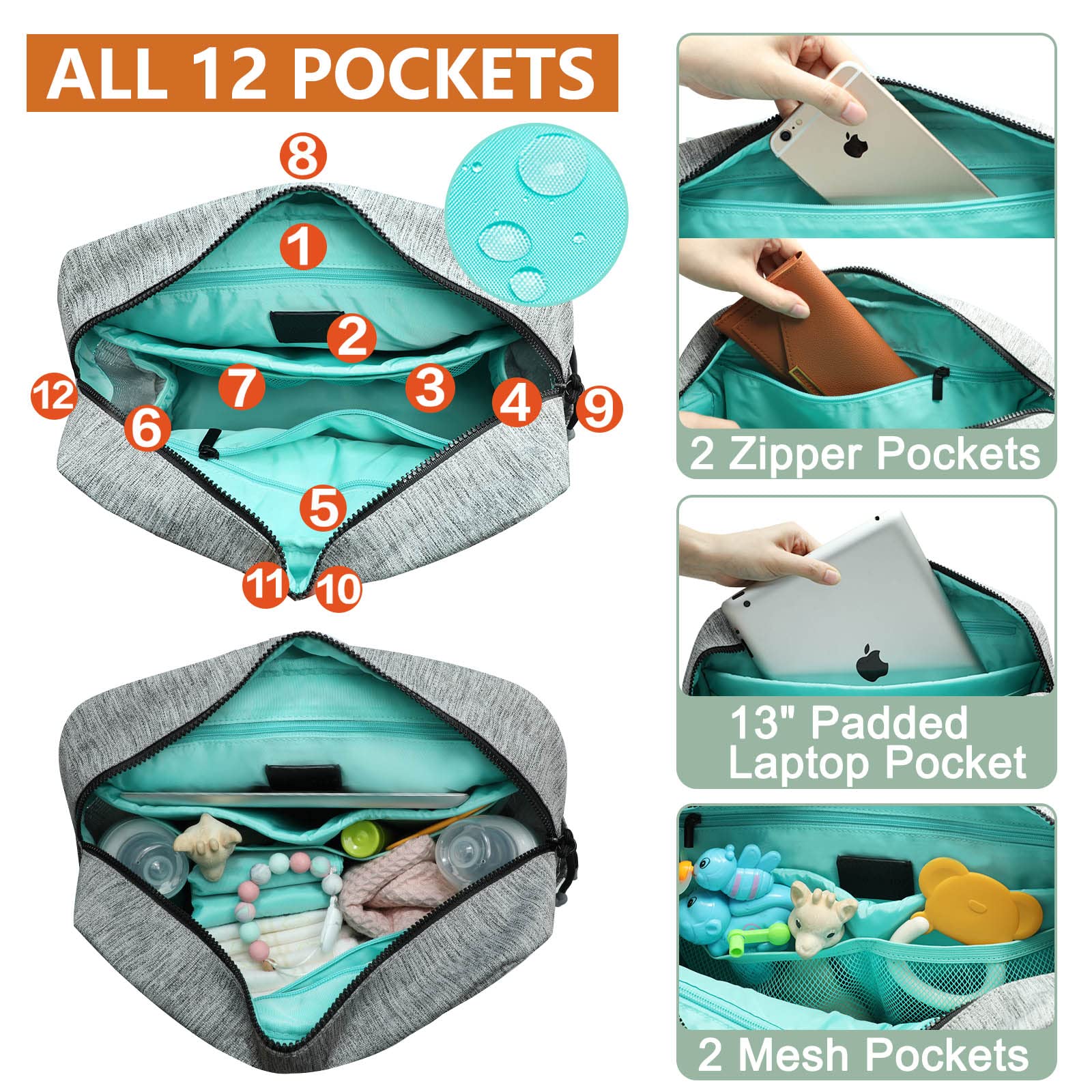 Premium Leather Diaper Backpack for Moms & Dads - 18 Pockets, 4 Insulated Compartments, Changing Station & Stroller Straps (Brown-Grey) - Perfect Baby Travel Bag for Boys & Girls, Ideal for Daycare, Family Outings & Airplane Travel