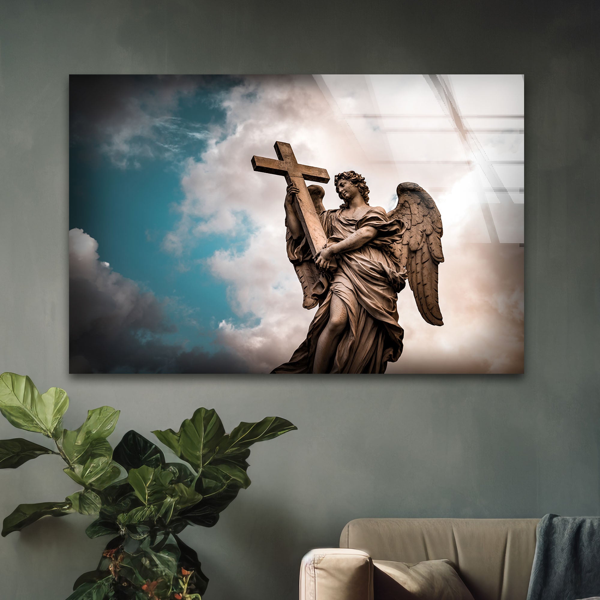 Angel With The Sudarium Stained Glass Wall Art - Religious Home Decor for Church, Living Room & Bedroom - Beautiful Handmade Christian Gift