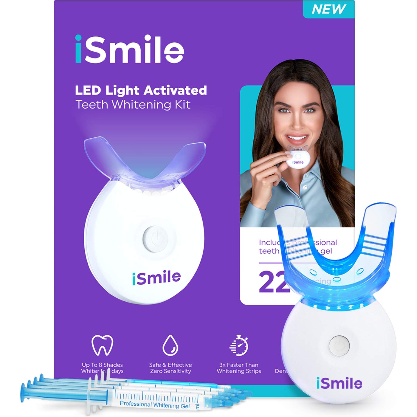 iSmile Teeth Whitening Kit with LED Light - 35% Carbamide Peroxide, 3x3ml Whitening Gel Syringes, Remineralization Gel & Tray for Brighter Smile - Perfect for Home Use, Travel & Special Occasions