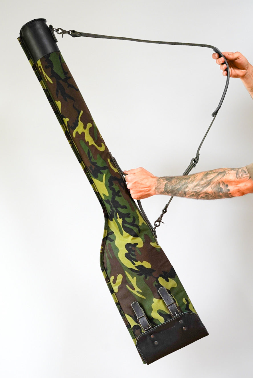 LIMITED EDITION Camo Fishing Rod Case with Black Leather Accents - Durable Protection for Fishing Gear Storage & Travel
