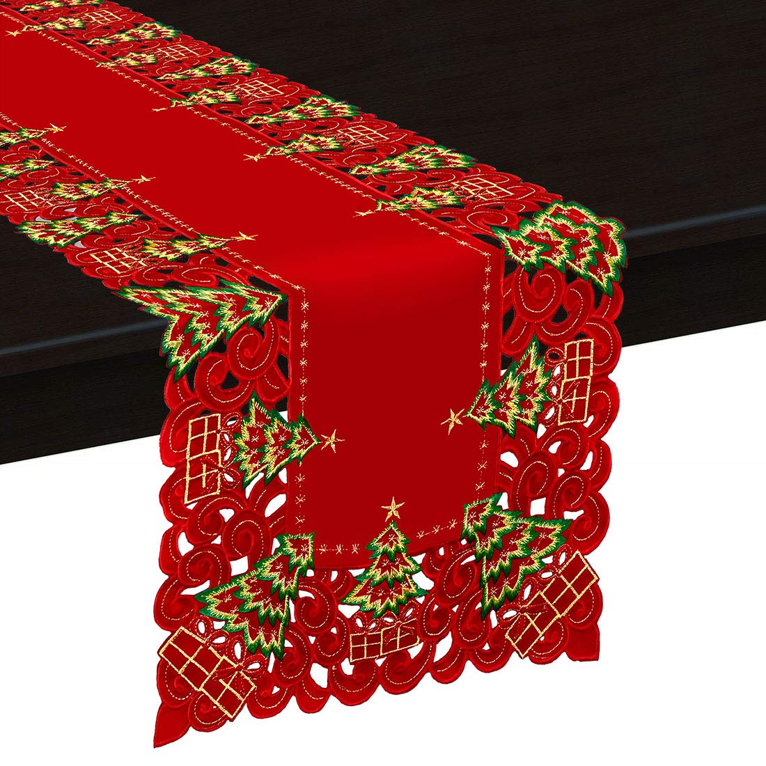 Grelucgo Large Embroidered Christmas Table Runner - Holiday Holly Tree Design, 16 x 108 Inch Rectangular Dresser Scarf for Dining Table, Buffet, Fireplace Mantel Decor