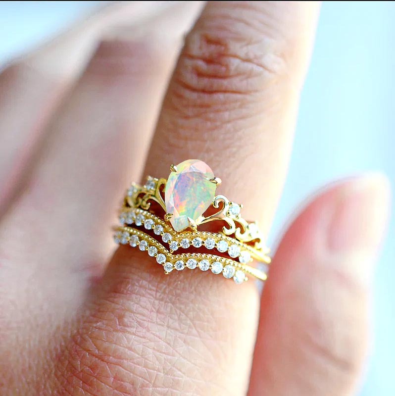 White Ethiopian Opal Gemstone Crown Style Ring - Elegant Jewelry for Women, Wedding, Anniversary & Special Occasions