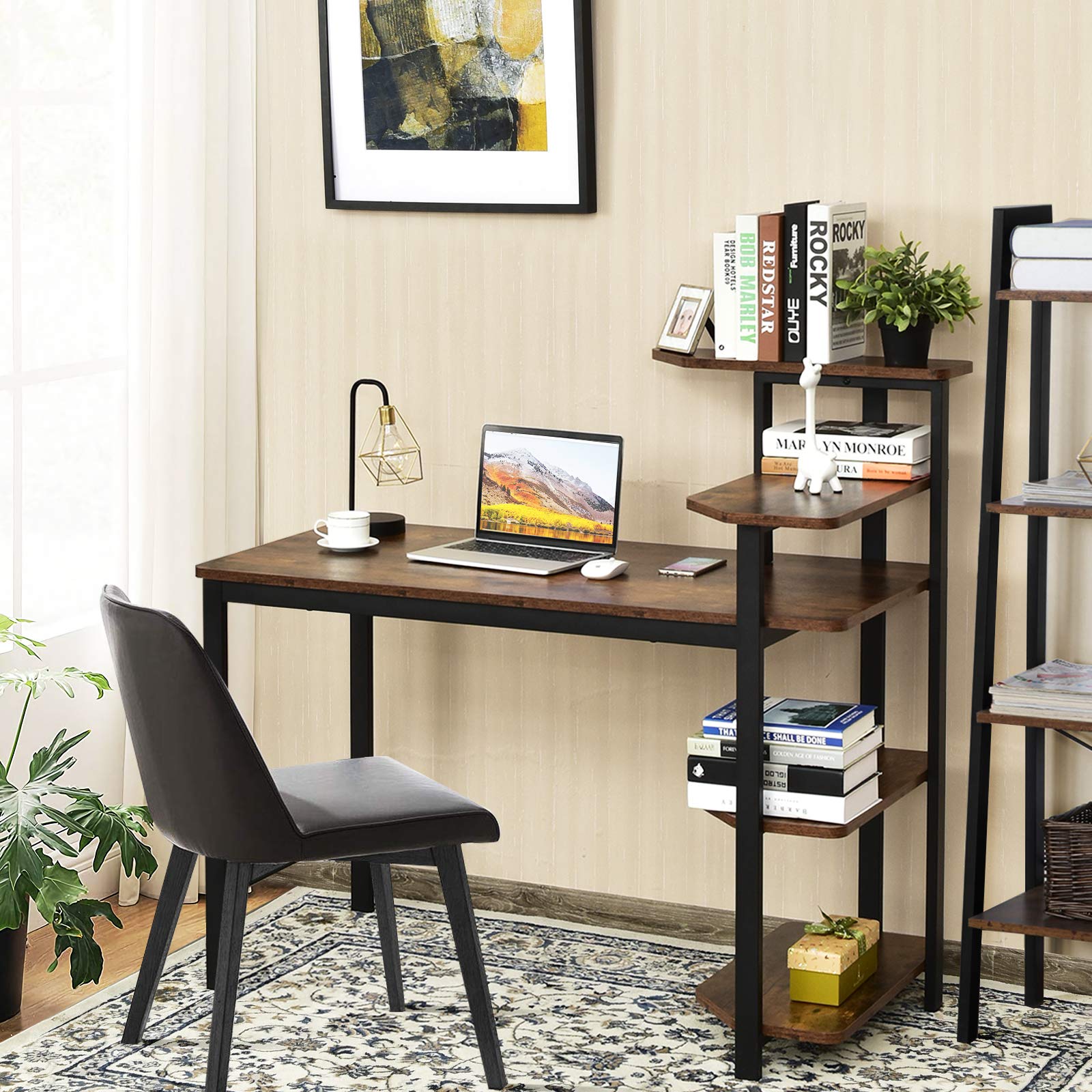 Tangkula 48 Inch Industrial Computer Desk with 4-Tier Storage Shelves - Sturdy Wooden Writing Study Table with Bookshelf, Spacious Work Surface & Metal Frame - Perfect for Home Office, Gaming Setup, and Remote Workstation
