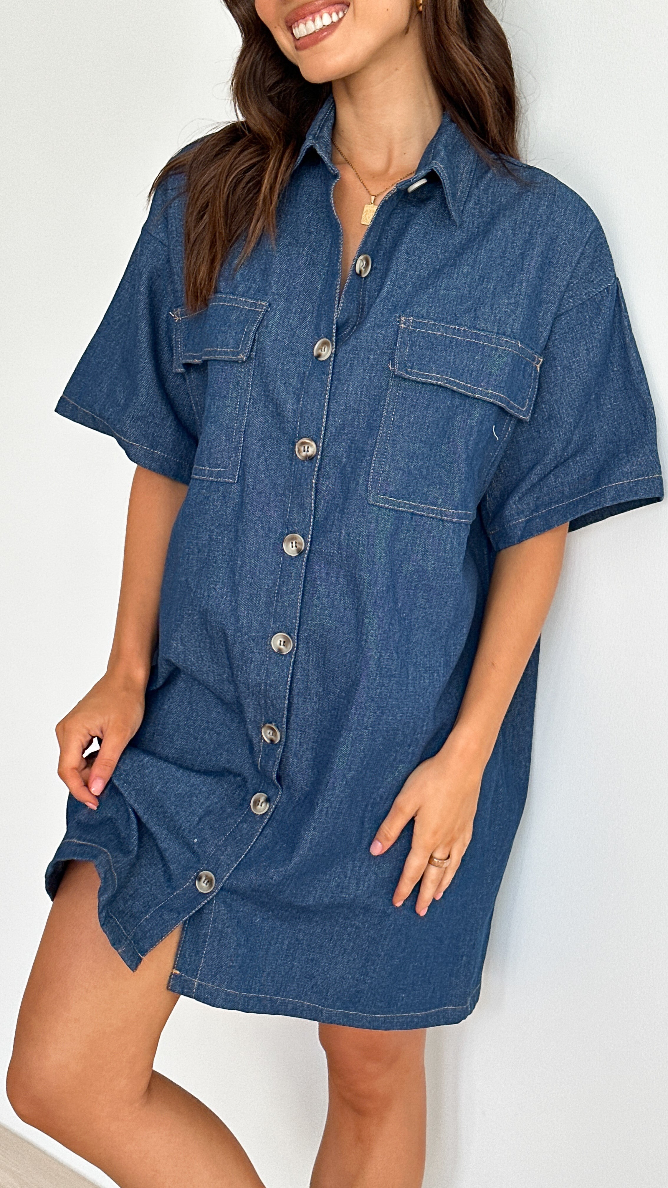 Laksha Mini Dress for Women - Dark Denim Stretch Denim Short Sleeve Casual Dress | Perfect for Summer, Beach, Party & Date Night