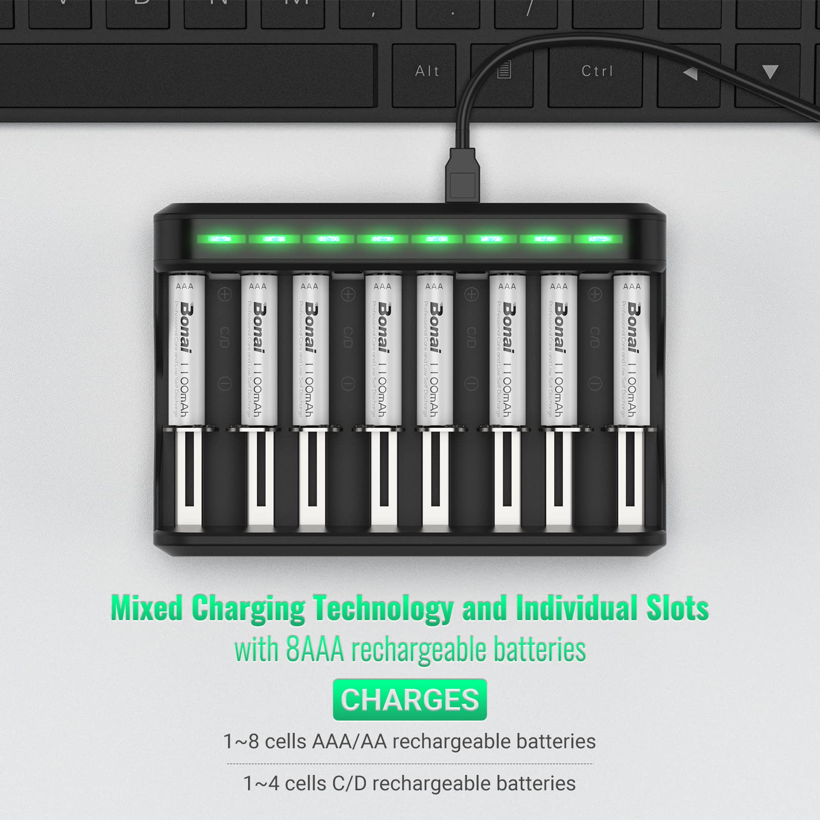 BONAI Rechargeable AAA Batteries 8-Pack 1100mAh with 8 Bay Fast Charger - NiMH/NiCD Battery Charger for AA AAA C D Batteries - Perfect for Cameras, Toys, Flashlights & Electronic Devices