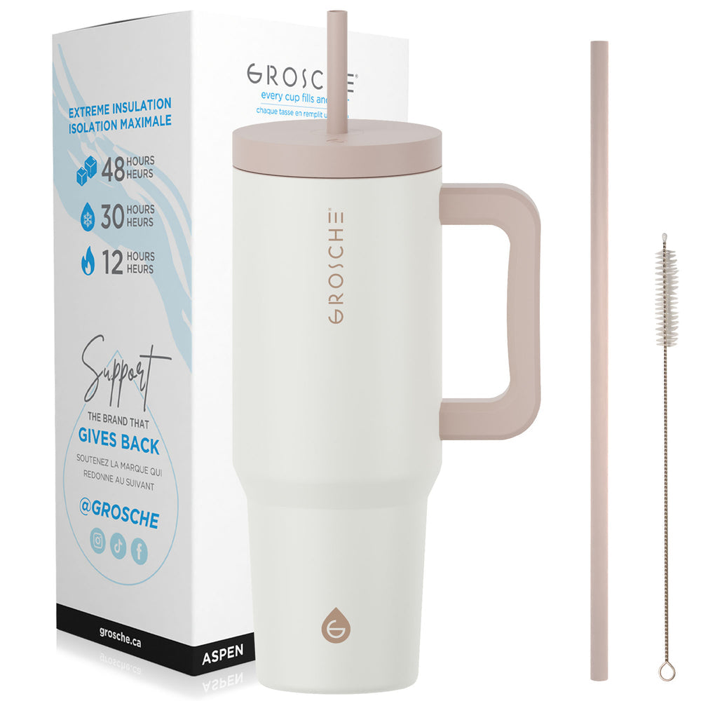 Grosche ASPEN 40oz Insulated Stainless Steel Tumbler with Handle & Straw - Leakproof Travel Mug for Hot & Cold Drinks - Perfect for Office, Gym, Camping & Outdoor Activities (Cream White)