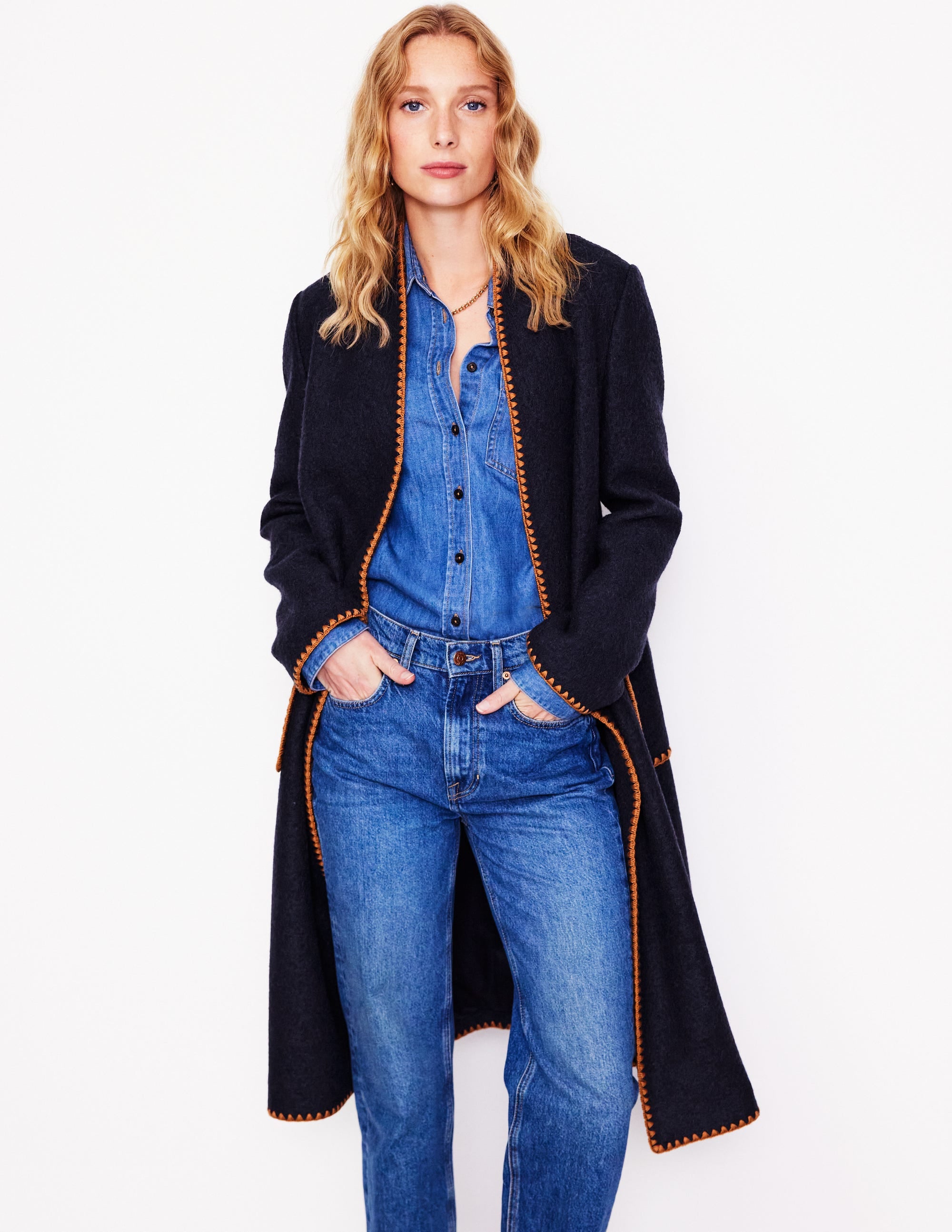 Navy Blanket Stitch Wrap Coat - Soft Warm Winter Coat for Women, Perfect for Outdoor Activities & Cozy Home Wear