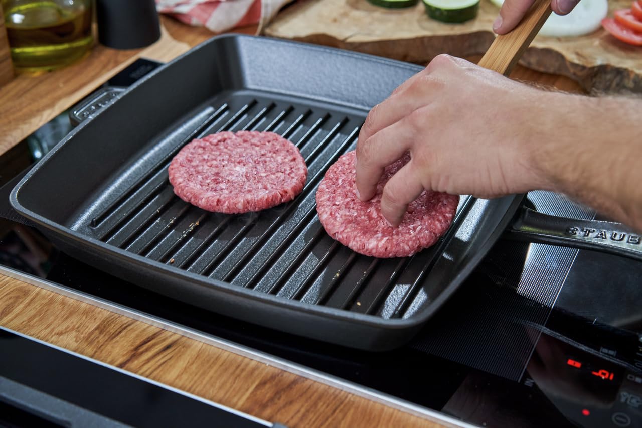 Staub 12-Inch Square Cast Iron Grill Pan - Matte Black, Made in France | Premium Heavy Duty Cookware for Steaks, Burgers & Vegetables | Indoor & Outdoor Cooking, BBQ, Camping, Stovetop & Oven Safe