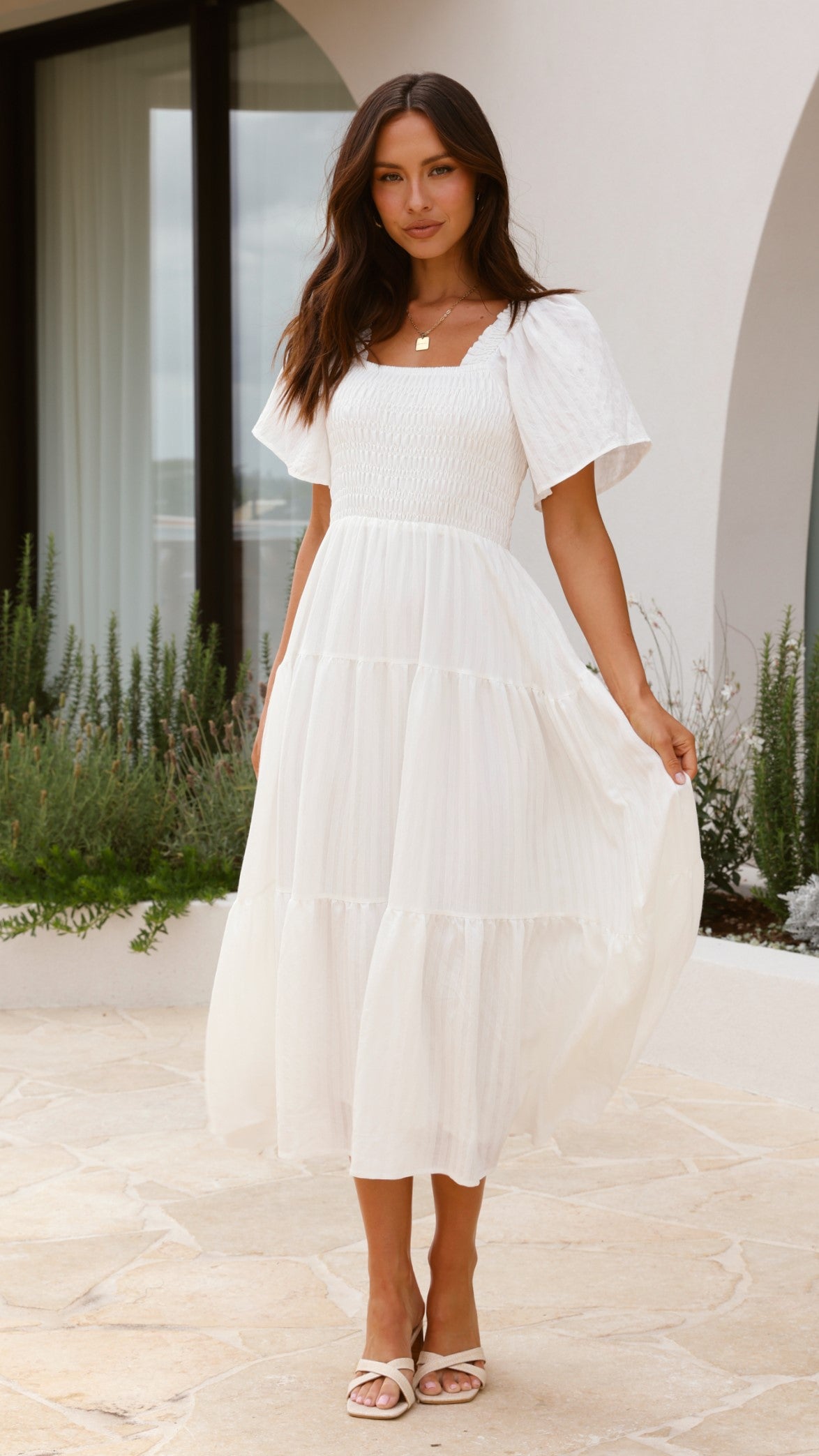 Lainey Midi Dress for Women - Elegant White Summer Dress for Casual Wear, Office, Party & Date Night | Flowy A-Line Knee Length Dress