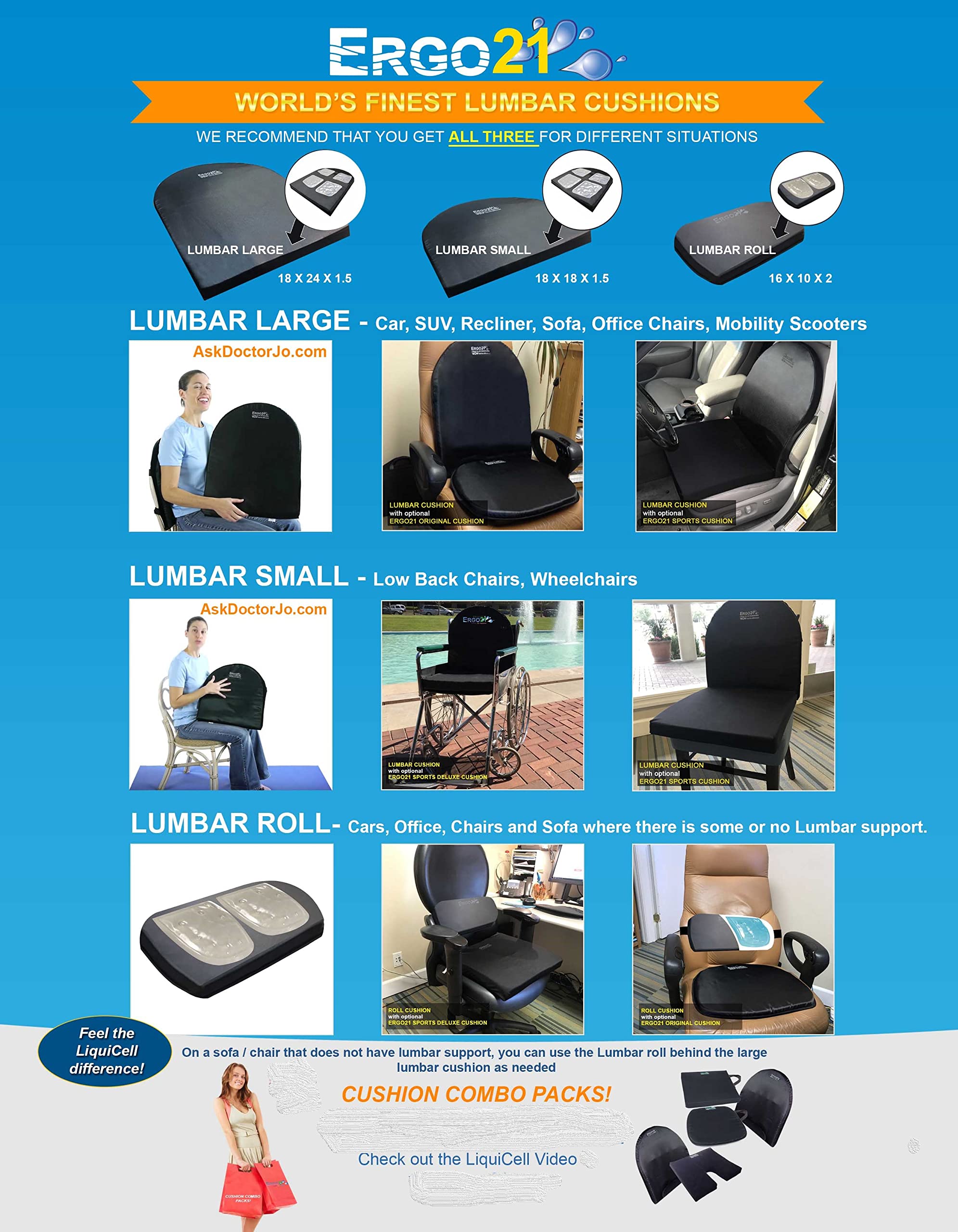 Ergonomic Lumbar Support Pillow for Office Chair & Car Seat - Memory Foam Back Cushion for Lower Back Pain Relief - Small Size (18