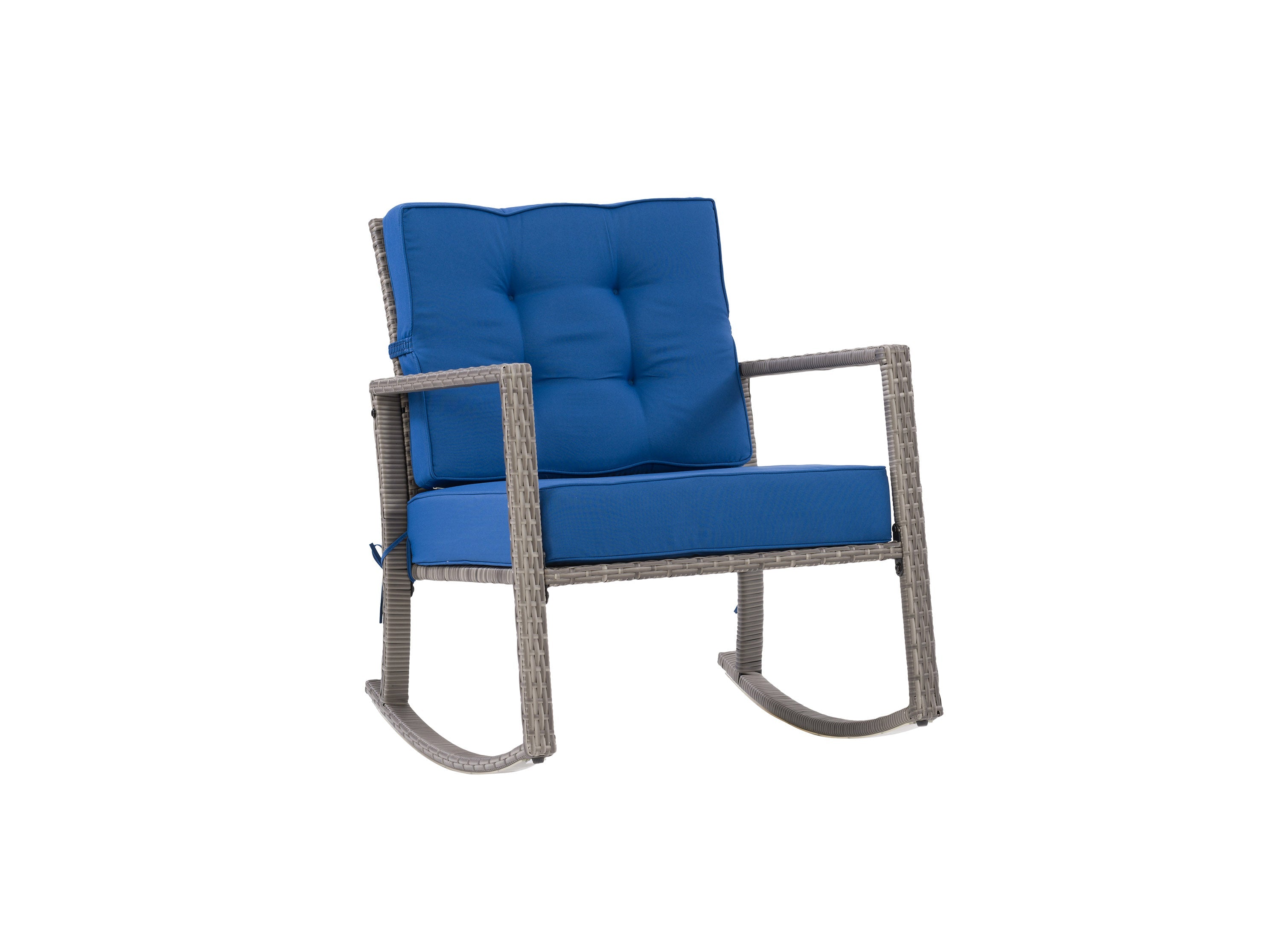 Grey and Blue Wicker Outdoor Rocking Chair - Patio, Garden, Porch Furniture - Weather-Resistant Rocker for Relaxing Outdoors