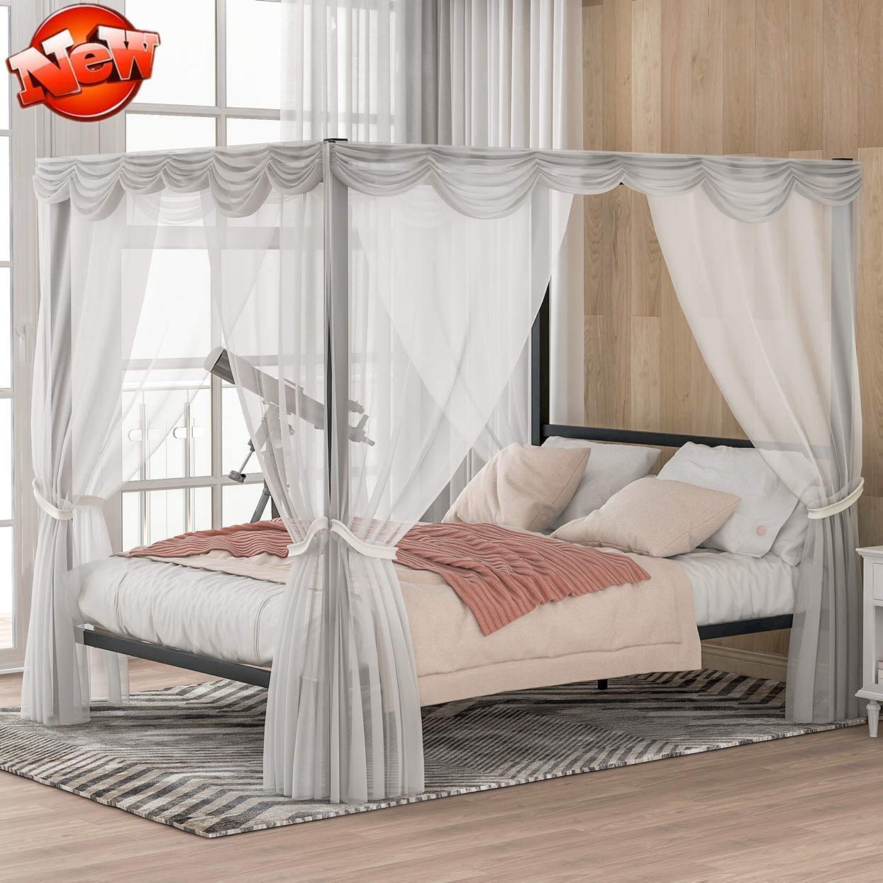 Tenouvos Premium Metal Frame Canopy Platform Bed with Built-in Headboard - Queen Size (Black) | Sturdy Four Post Design, No Box Spring Needed | Perfect for Master Bedrooms, Guest Rooms & Luxury Bedroom Decor