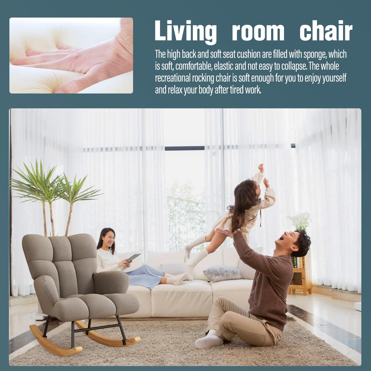 **Comfy Glider Rocking Chair for Nursery - High Backrest Teddy Soft Upholstered Armchair for Reading, Relaxing in Bedroom, Living Room & Home Office (Khaki) - Perfect for Nursing, Lounging & Baby Nursery Decor**