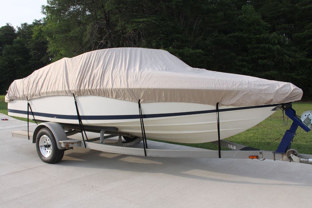 VORTEX HEAVY DUTY VHULL FISH SKI RUNABOUT BOAT COVER - FITS 17 18 19 FOOT BOATS - PREMIUM BEIGE/TAN WATERPROOF PROTECTION - IDEAL FOR FISHING, SKIING & BOAT STORAGE