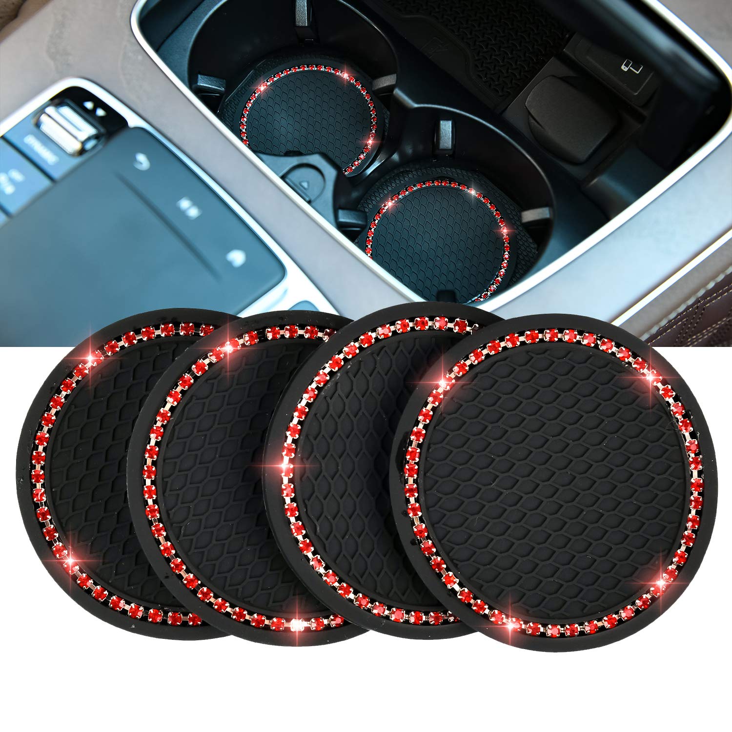 Valleycomfy 4PCS Bling Car Coasters - 2.75 Inch Silicone Anti-Slip Crystal Rhinestone Cup Holder Coasters for Car, Universal Vehicle Accessories (Red) | Perfect for Protecting Your Car Interior from Spills and Adding Stylish Glamour to Your Ride