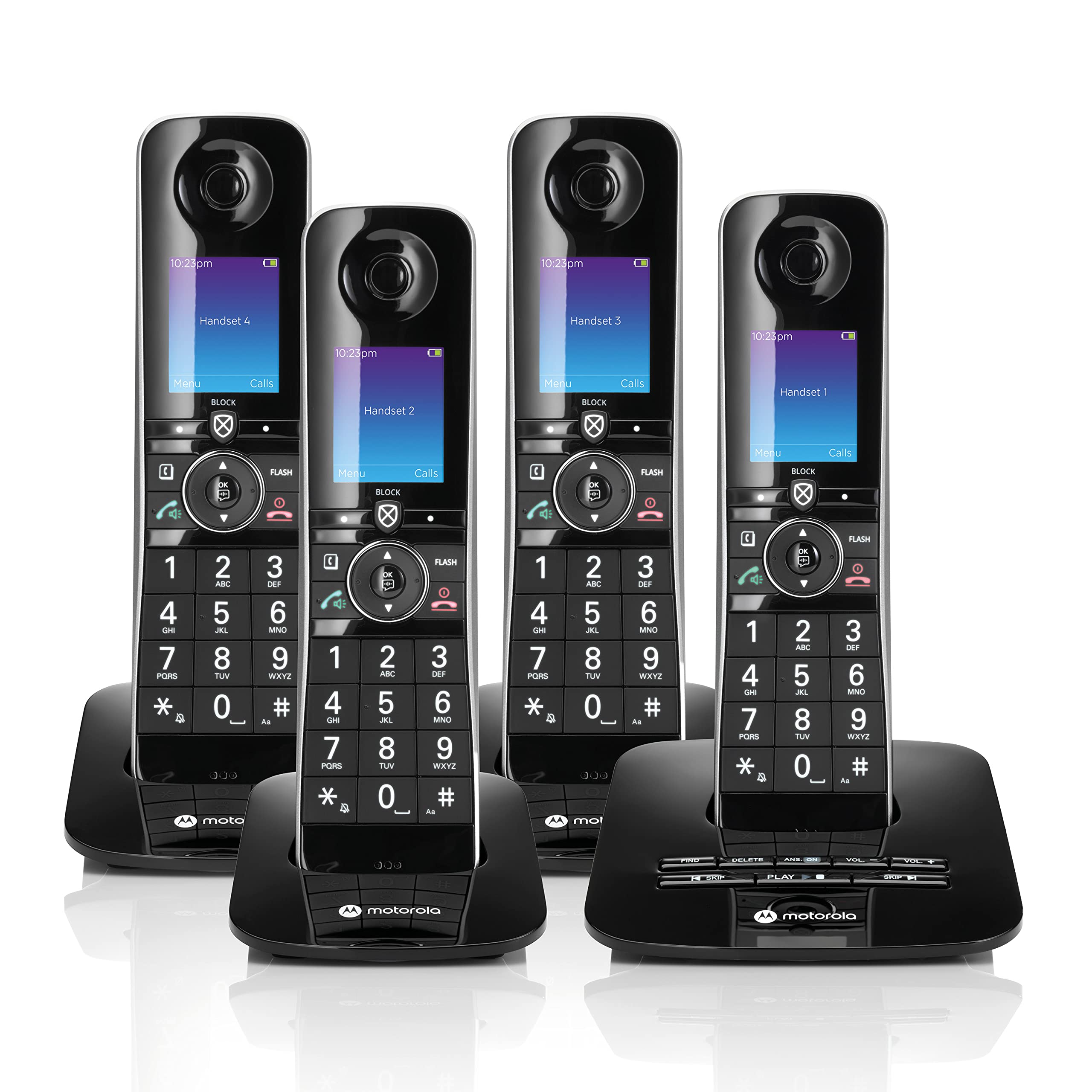 Motorola D8714 4-Handset Cordless Phone with Bluetooth, Digital Answering Machine & Call Blocking - Black | Home & Office Communication System