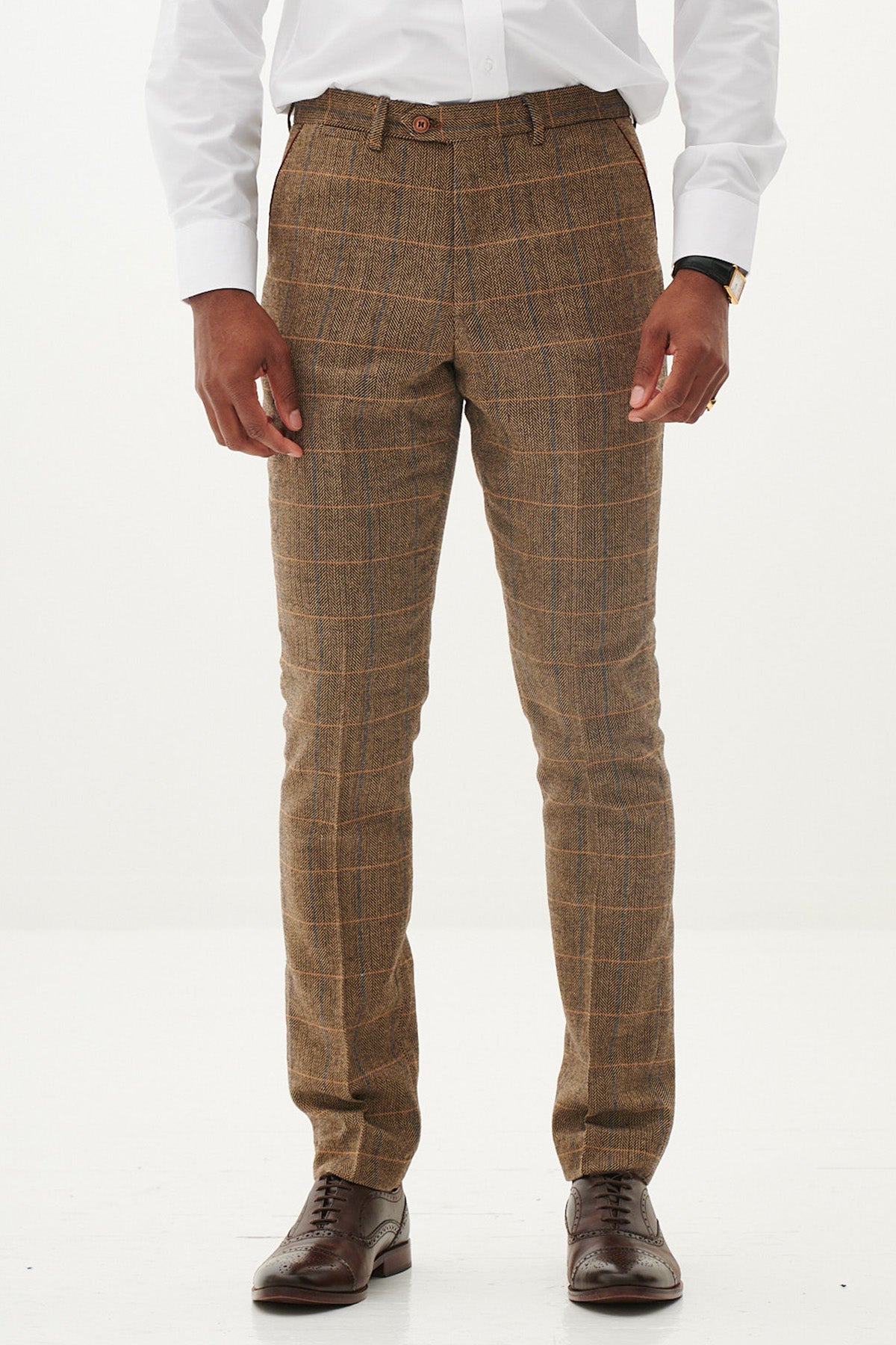 Stylish TED Tan Tweed Check Pants for Men - Classic Vintage Office Trousers - Perfect for Business Casual, Workwear & Smart Outfits