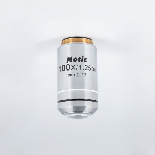 BA410E CCIS® Plan Achromatic Microscope Objective 100X/1.25 Oil Immersion - EC H PL Series for High-Resolution Microscopy (WD=0.15mm) - Ideal for Biological Research, Cell Observation, and Laboratory Analysis (Part# 1101001702901)