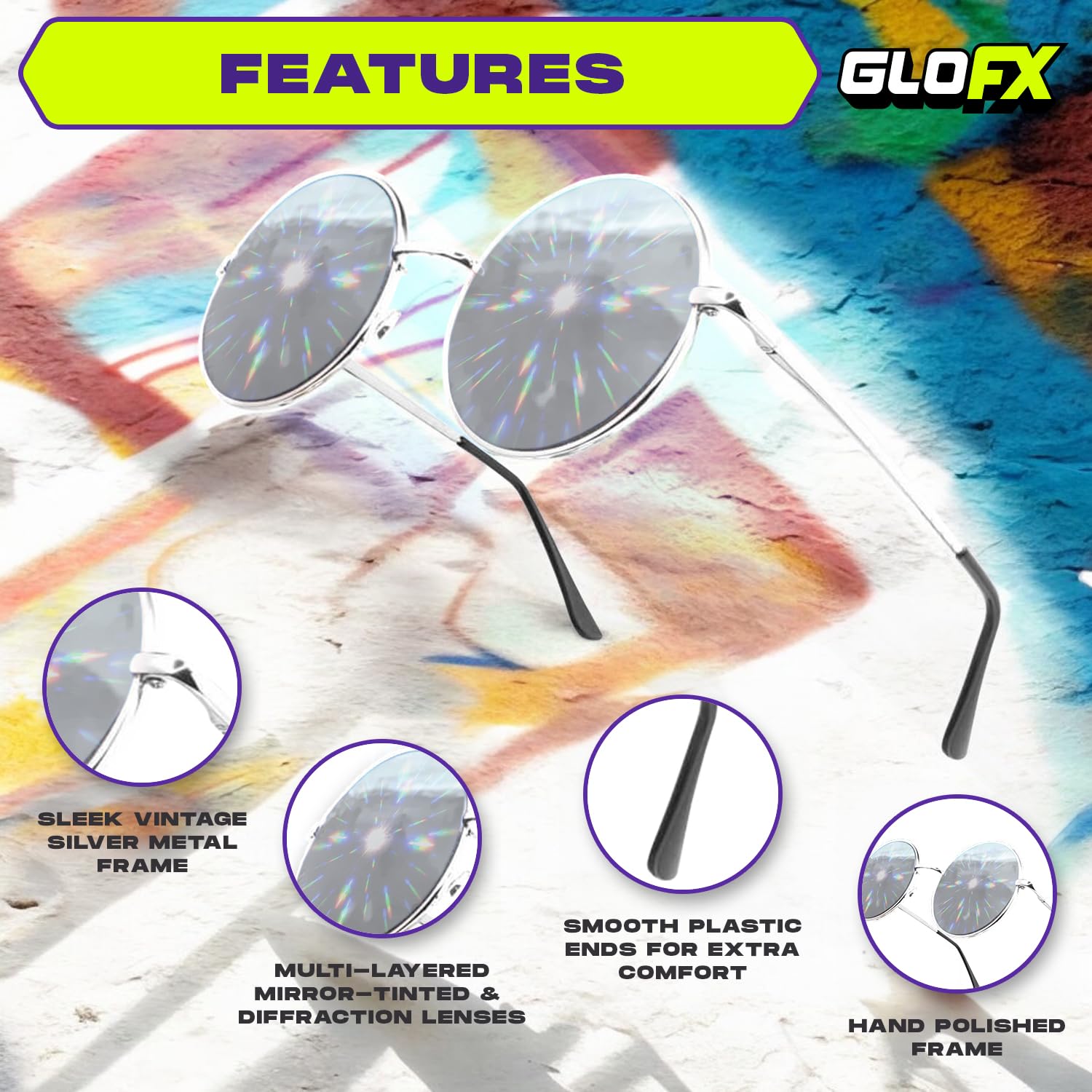 GloFX Diffraction Glasses - Hippie & Pilot Style Metal Frame Sunglasses with Mirror Lens & 3D Prism Rainbow Effect for Music Festivals, Raves, and Light Shows