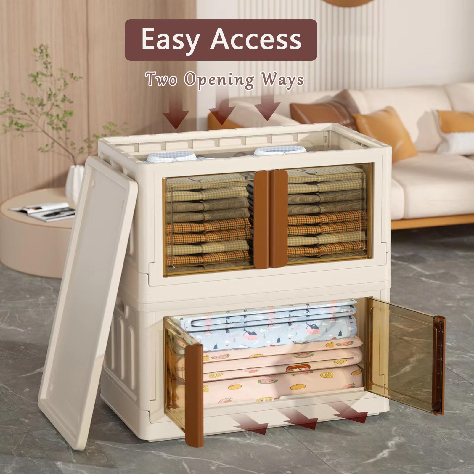 8.4 Gallon Collapsible Storage Bins with Lids, 2 Pack - Stackable Plastic Storage Cabinet with Doors & Wheels for Home Organization | Space-Saving Solution for Closet, Garage & Office (Milk White)