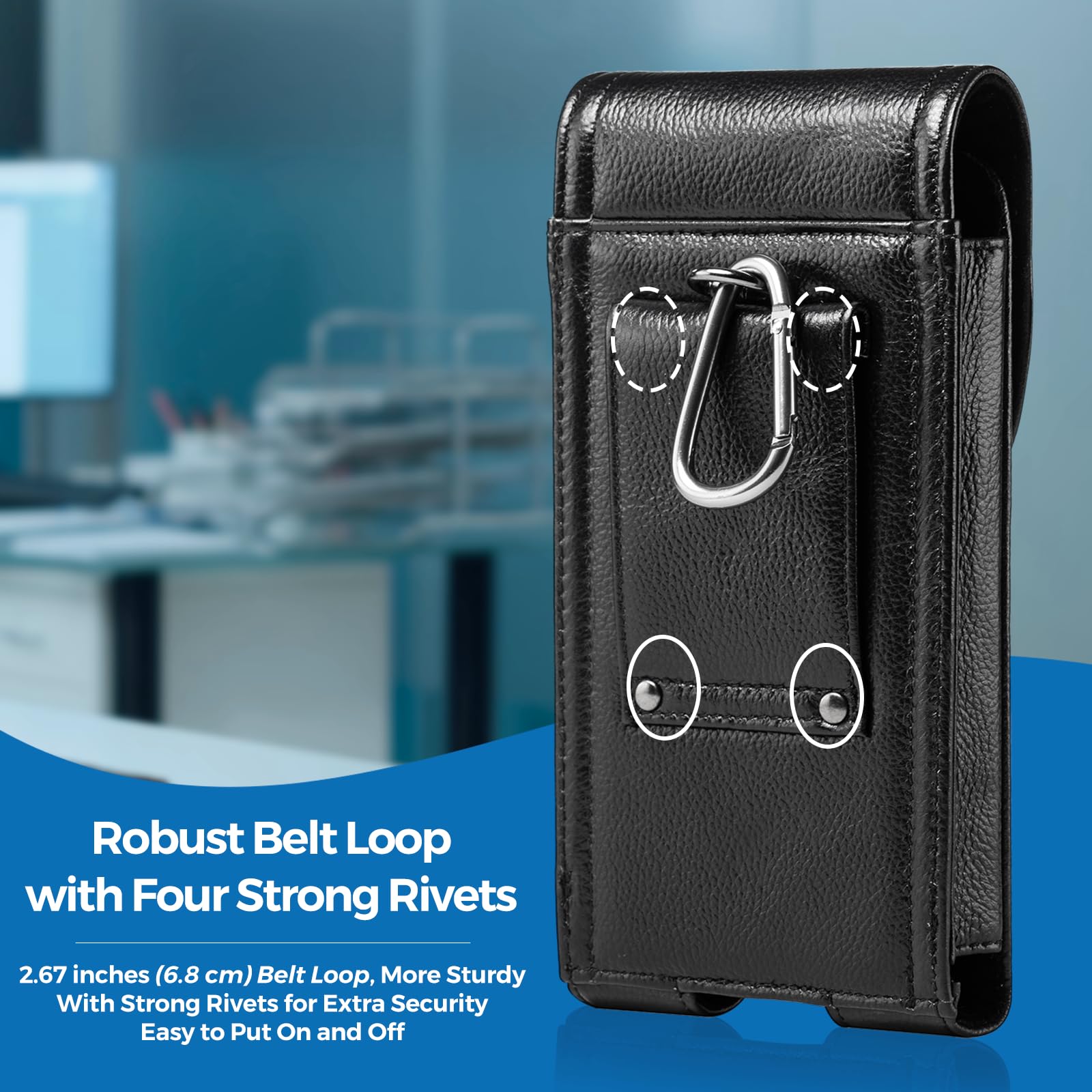 Genuine Leather Phone Pouch for iPhone 16 Pro Max/15 Plus/14 Pro Max & Samsung Galaxy A54/A12/Note 20/9/8/S23 Plus/S24 Ultra - Belt Clip Holster Case & Cell Phone Holder - Perfect for Work, Travel & Outdoor Activities (Black)