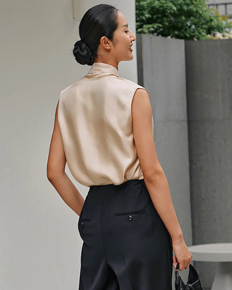 Elegant Sleeveless Silk Blouse for Women - Chic Tie Neck Design - Perfect for Office Wear, Evening Parties & Special Occasions