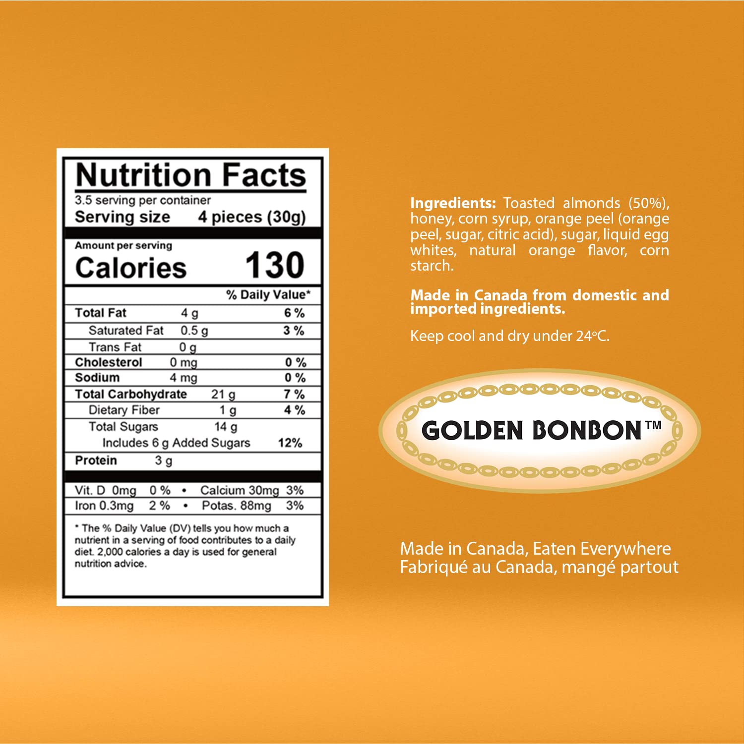 Premium Italian Golden Bonbon Soft Orange Almond Nougat Candy - Individually Wrapped, Gluten Free, Halal Certified, Rich in Almonds (3.53oz Pack of 1) - Perfect for Gifts, Parties & Dessert Tables