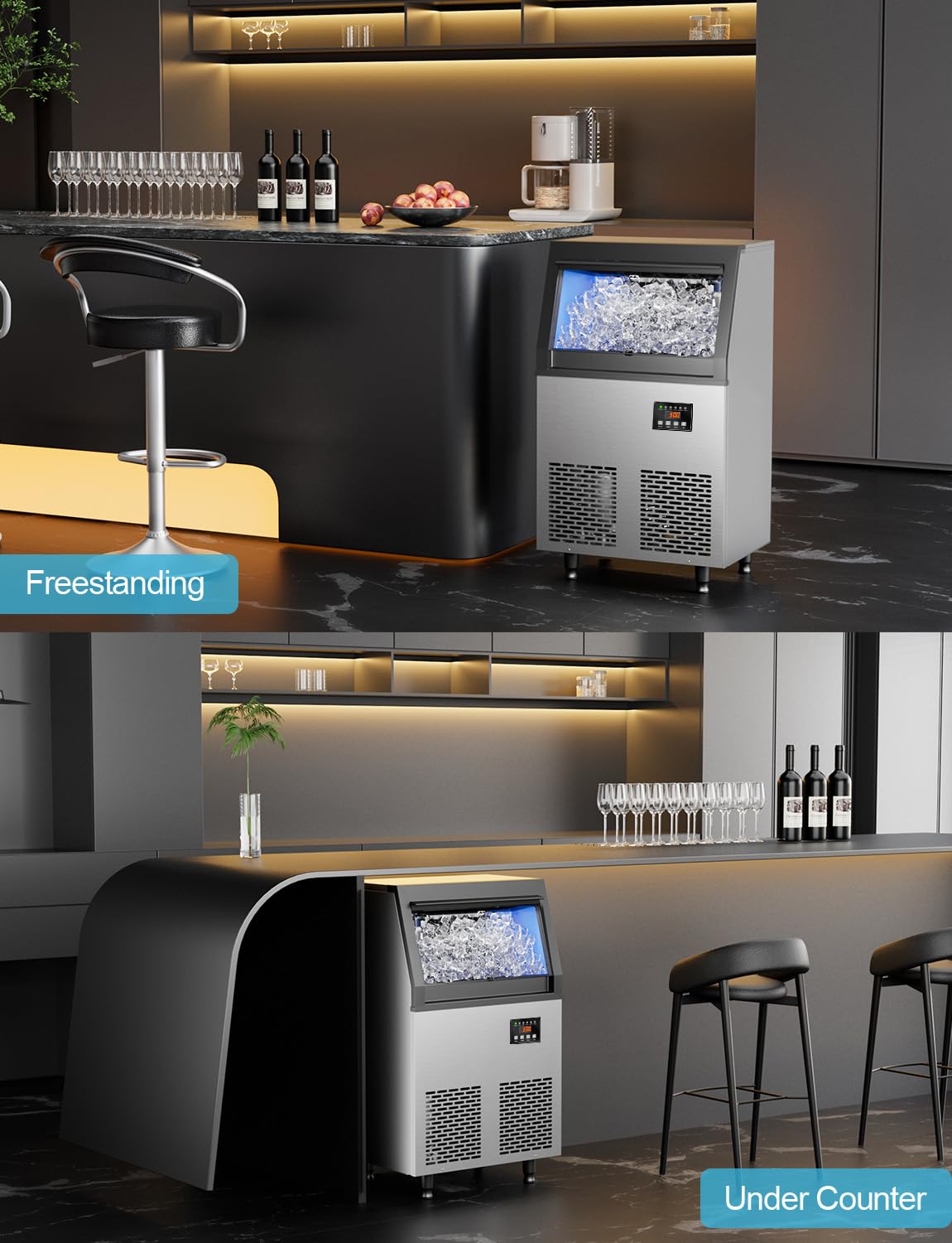 Commercial Ice Maker Machine 100lbs/24H, 34lbs Storage Capacity - Fast Ice Production (45 Cubes in 6-15 Min) - Freestanding Ice Machine for Bars, Restaurants, Offices & Home Use - Perfect for Cocktails, Beverages & Party Events