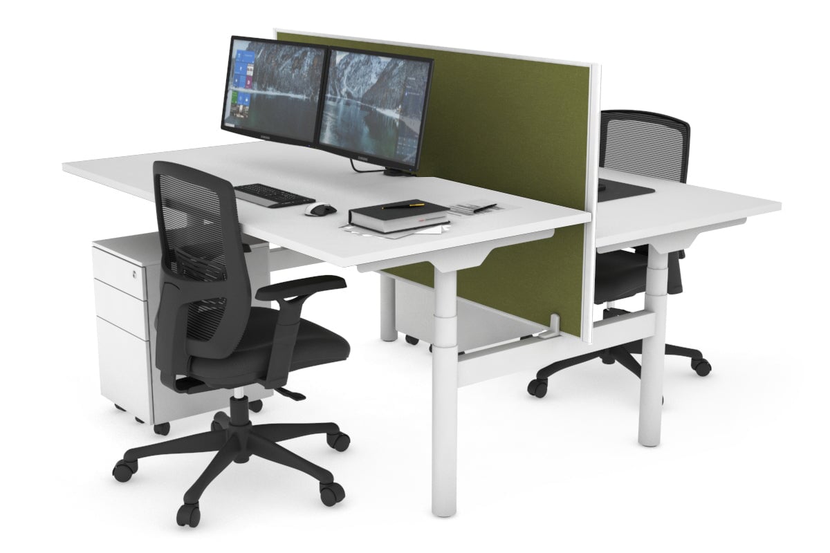 Flexi Premium Height Adjustable 2-Person H Bench Workstation - White Frame (1600L x 800W) with Cable Management | Ergonomic Office Desk for Home & Workspace