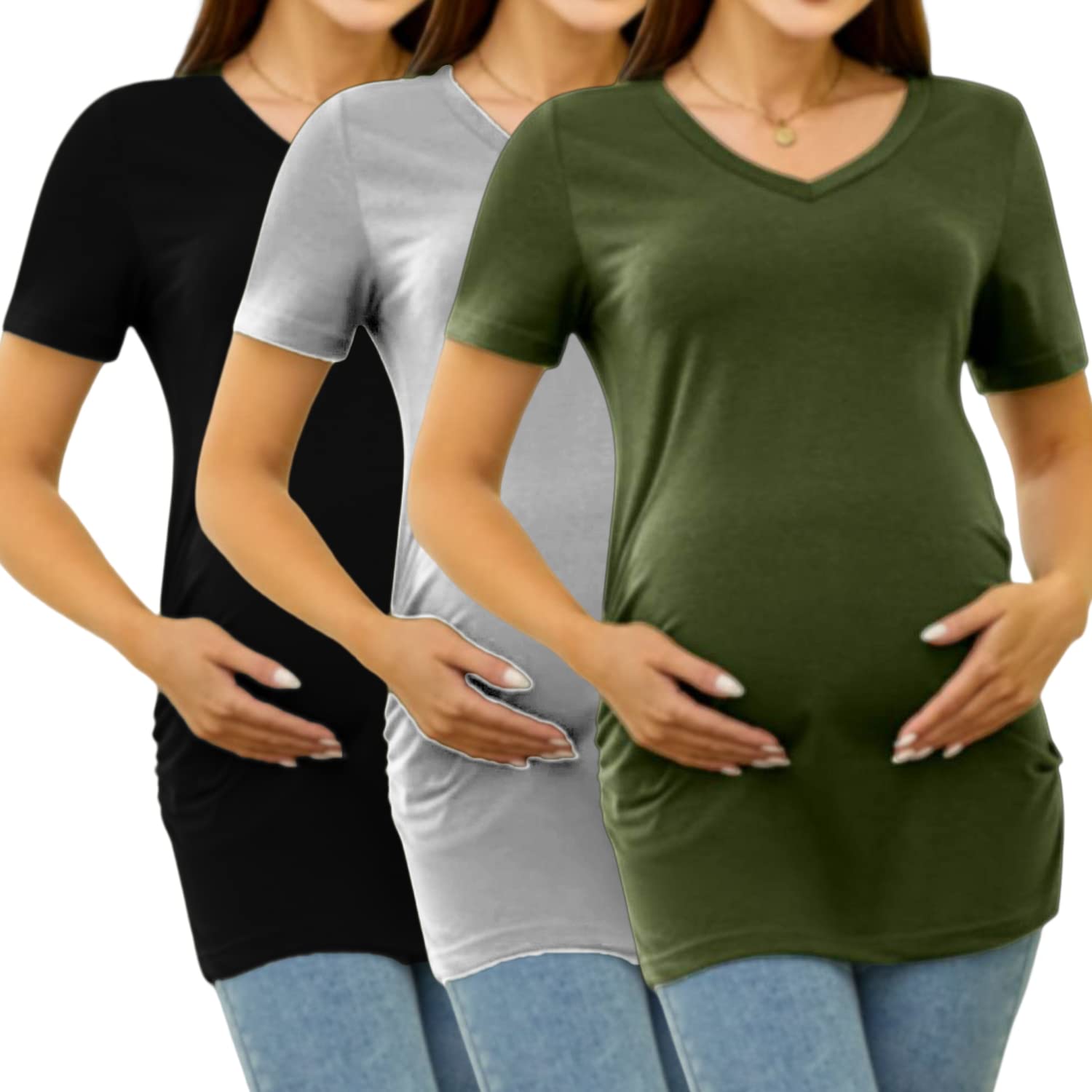 Janmercy 3 Pack V-Neck Short Sleeve Maternity Dress - Side Button Pregnancy Tops & Nursing T-Shirts - Stretchy Ruched Tunic for Summer (Small) | Comfortable Maternity Wear for Work, Casual Outings & Breastfeeding