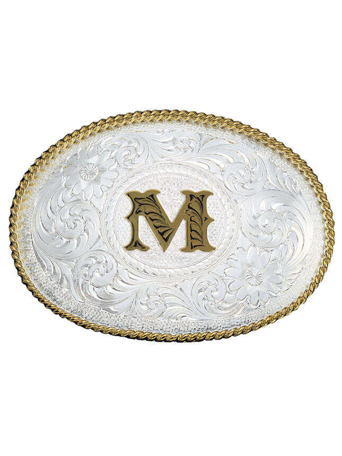 Montana Silversmiths 700 Initial Silver Engraved Gold Trim Western Belt Buckle for Men & Women - Perfect for Cowboy Boots, Jeans & Western Outfits