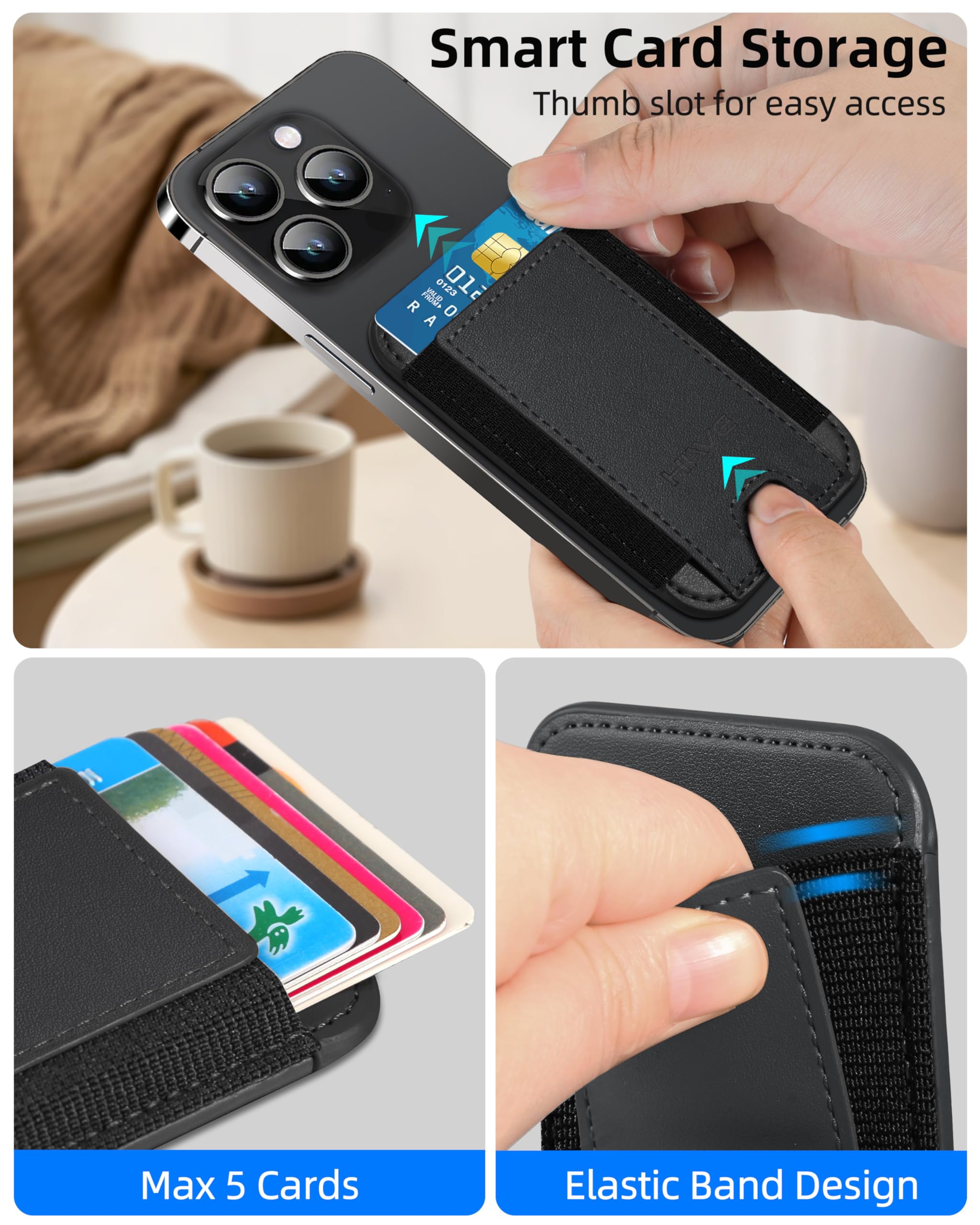 HiWe MagSafe Wallet with Rechargeable Find My Tracker - Slim Vegan Leather Magnetic Wallet for iPhone 16/15/14/13/12 Series | RFID Blocking, 1 Card Slot | Perfect for Travel, Work & Everyday Carry (Black)
