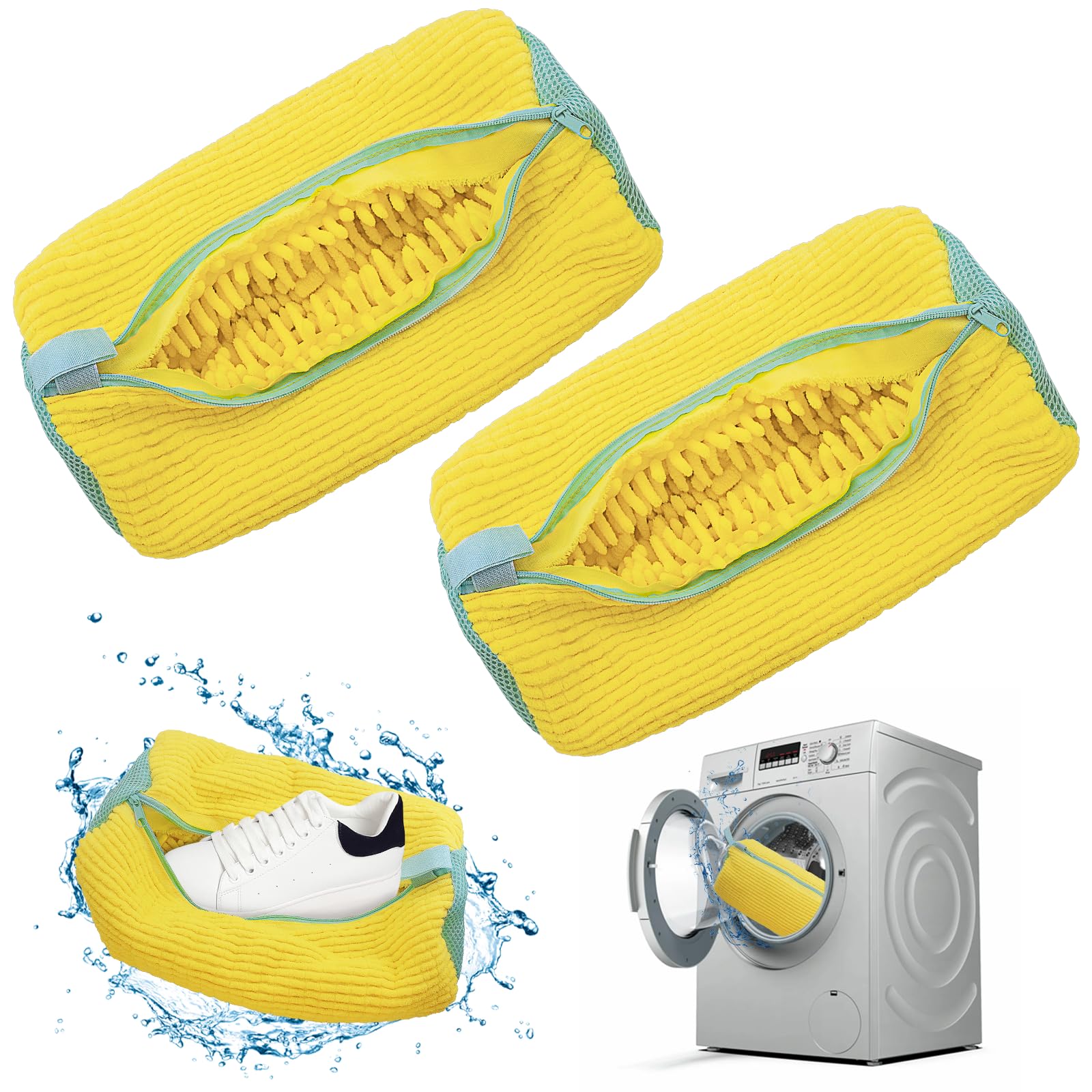 2Pcs Reusable Shoe Washing Machine Bags for Washer & Dryer - Durable Laundry Mesh Bags for Sneakers, Boots & All Shoe Sizes - Deep Cleaning & Protection (Yellow) - Perfect for Gym, Travel & Sports Shoes