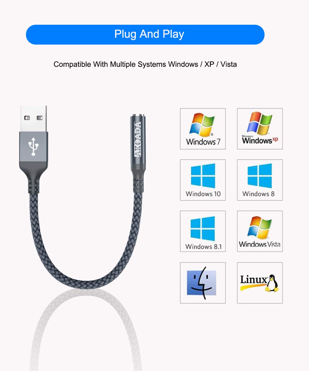 AkoaDa USB to 3.5mm Audio Jack Adapter (18cm) - External Sound Card Converter with Aux Stereo Output - Compatible with Headphones, PC, Laptop, Linux, Desktop, PS4 & More Devices (Grey) - Perfect for Gaming, Music Streaming & Conference Calls