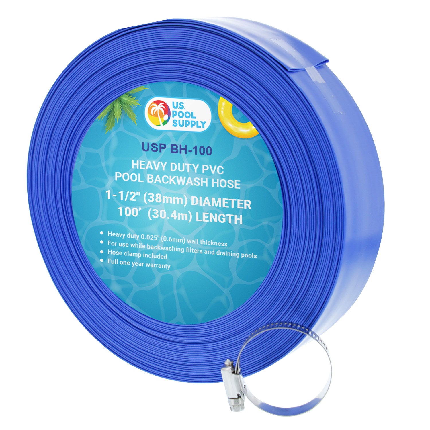 U.S. Pool Supply® 1.5 Inch x 100 Foot Heavy Duty Blue Swimming Pool Backwash Hose with Hose Clamp - Durable Pool Maintenance Hose for Efficient Water Drainage and Backwashing