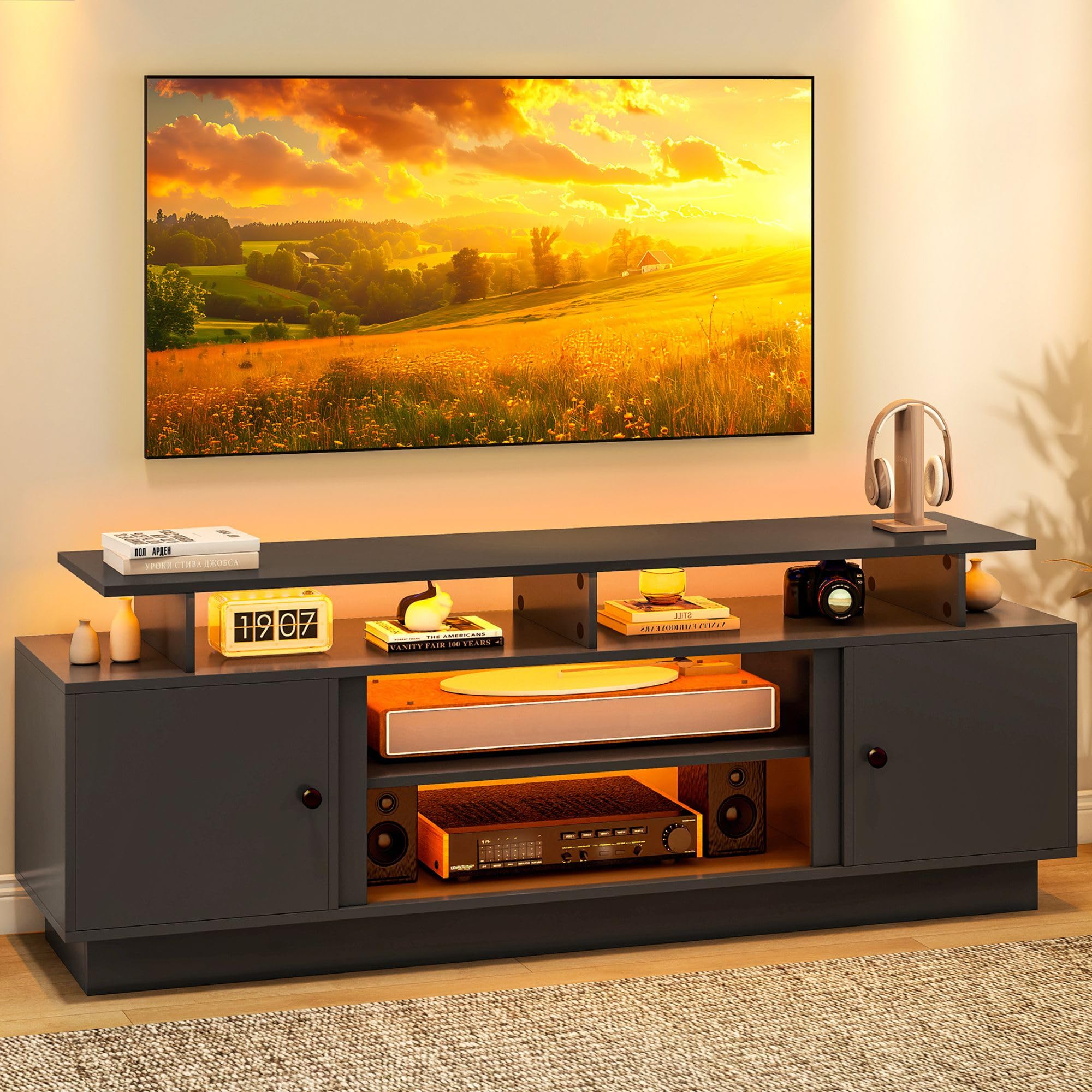 YITAHOME 80 Inch Modern TV Stand with LED Lights, Entertainment Center with Storage Cabinets & Movable Partition - Black TV Console for Living Room, Bedroom & Home Theater Setup