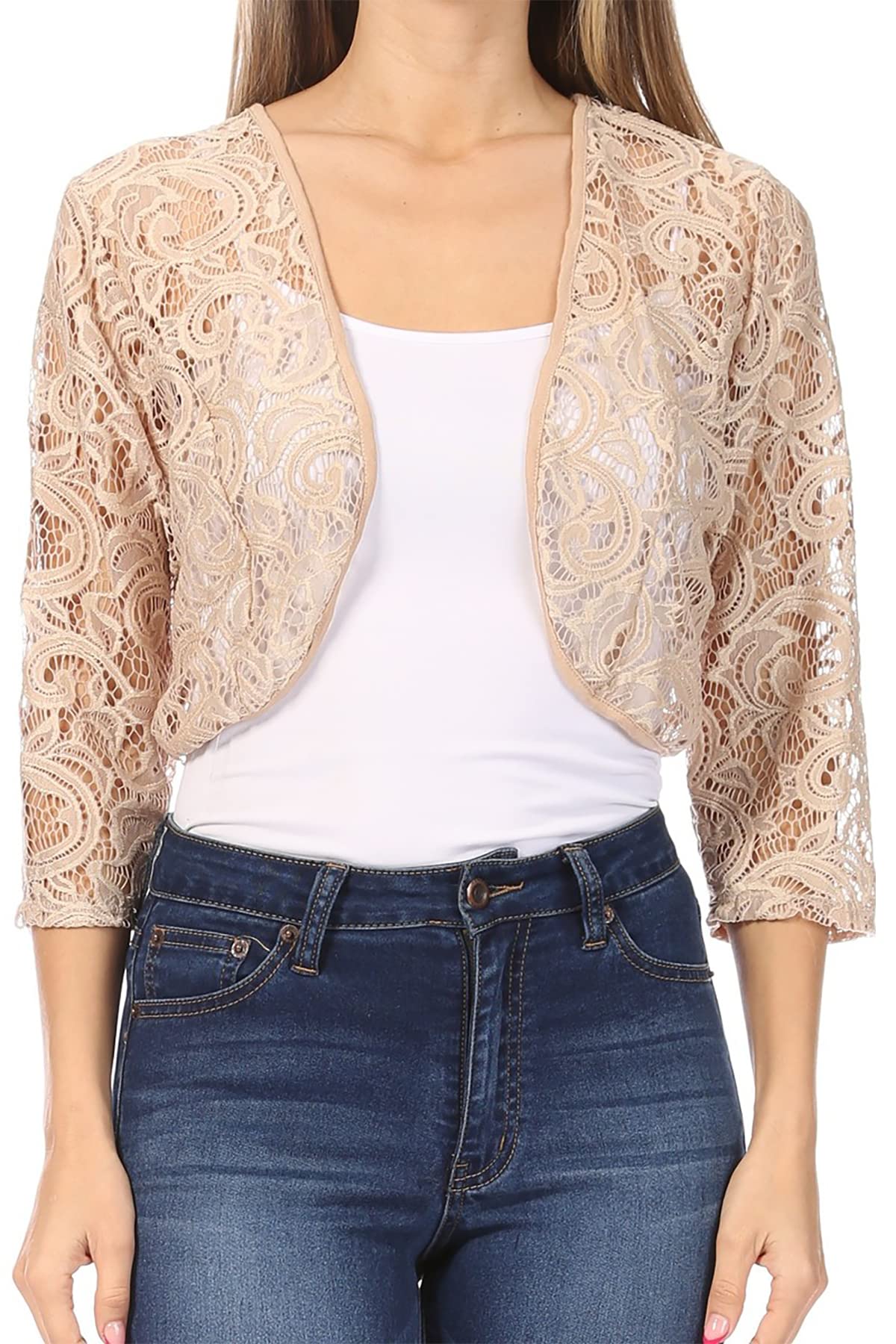 Women's Lace Bolero Crochet Cardigan 3/4 Sleeve Sheer Cover Up Jacket - Lightweight Summer Shrug for Beach, Wedding, and Casual Outfits