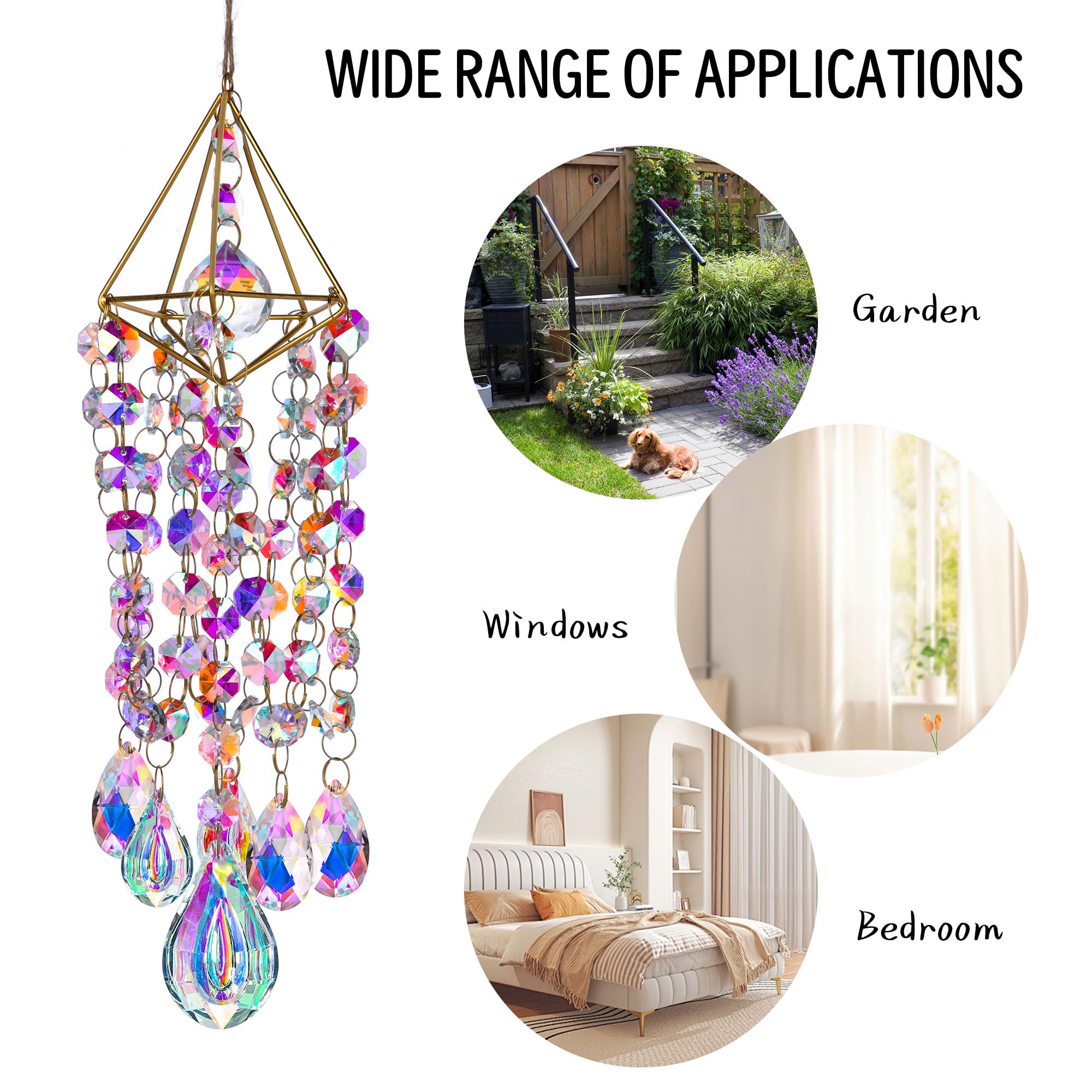 Handmade Gold Plated Crystal Suncatchers for Windows - Rainbow Maker Wind Chime Style Garden Decor for Indoor & Outdoor Use | Perfect for Living Room, Bedroom, Patio, and Gift Giving