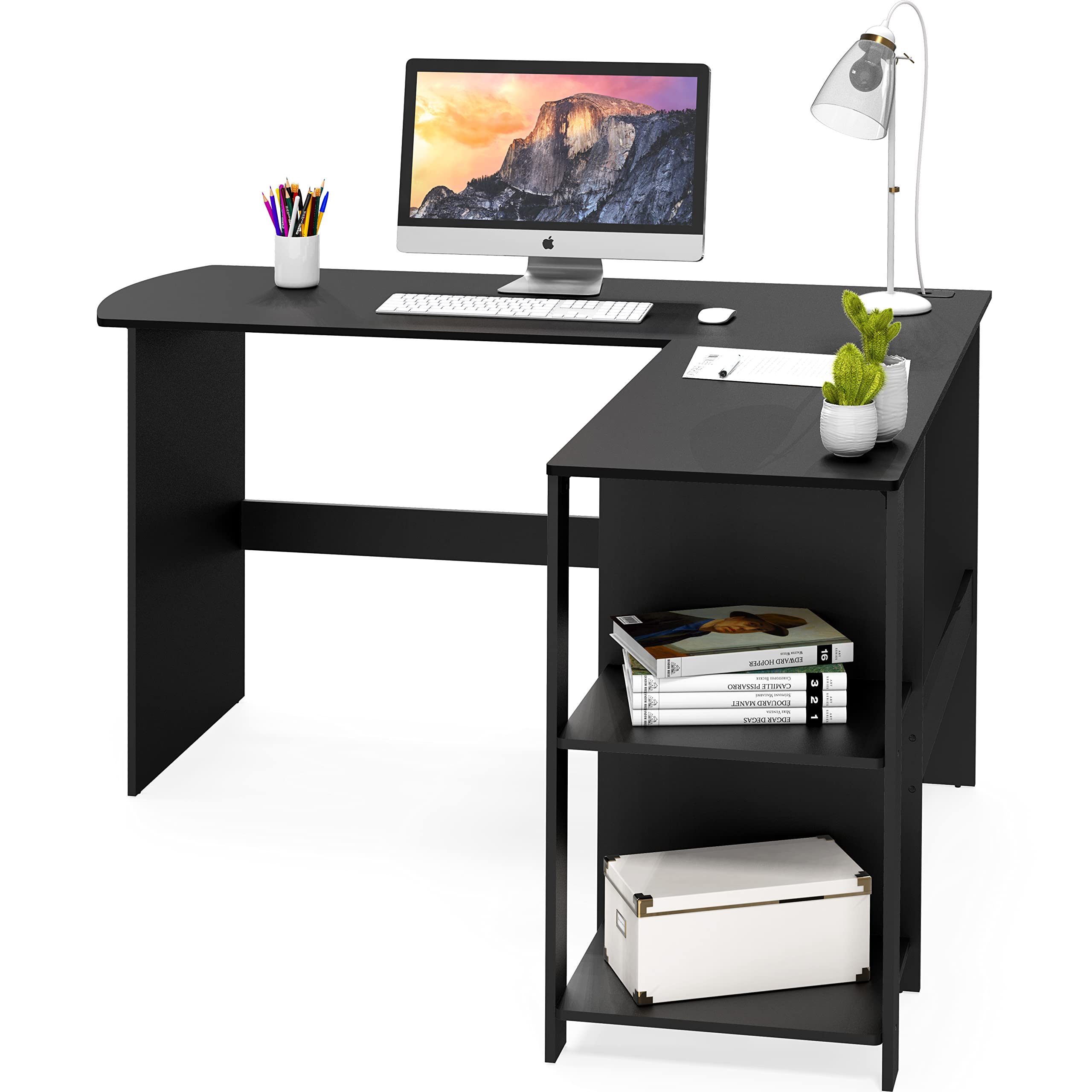 SHW L-Shaped Home Office Wood Corner Desk with Keyboard Tray, Black - Perfect for Small Spaces, Gaming & Remote Work Setup