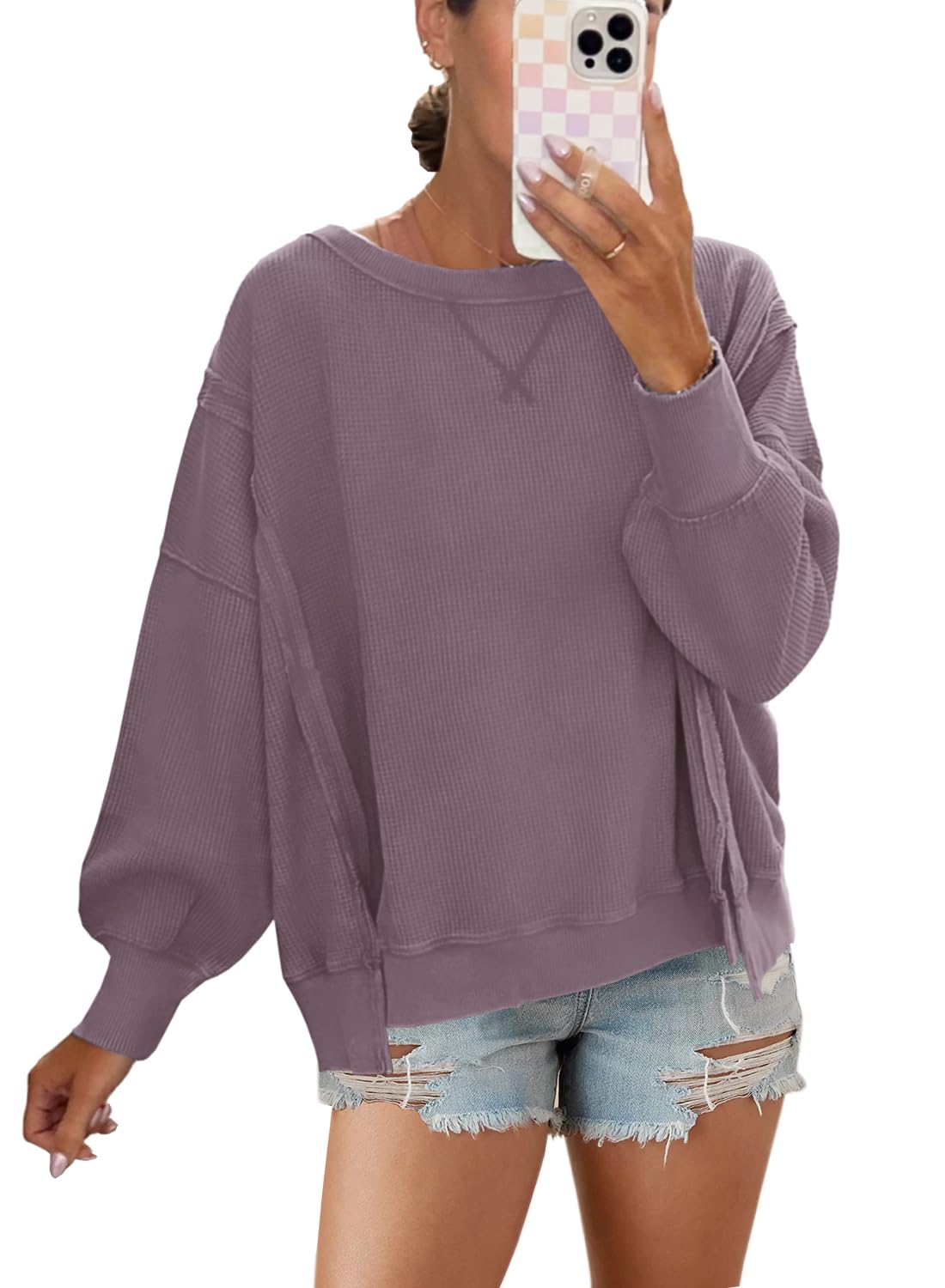 Panadila Women's Oversized Waffle Knit Sweatshirt - Long Sleeve Crewneck Pullover Top with Side Slits | Casual Loungewear for Fall & Winter, Cozy Home Outfit, Streetwear Fashion