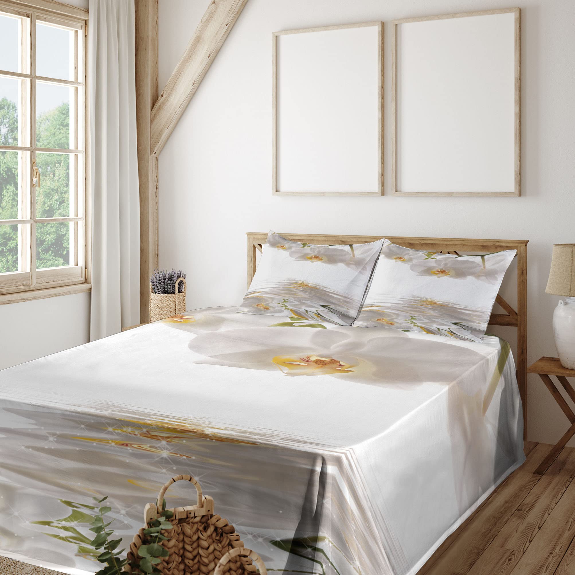 Ambesonne Floral Bedding Set - Romantic Orchid Branch on Water Print 4-Piece King Size Sheet Set with Fitted Sheet, Flat Sheet & Pillowcases (Off-White & Orange) | Perfect for Master Bedroom, Guest Room & Vacation Homes
