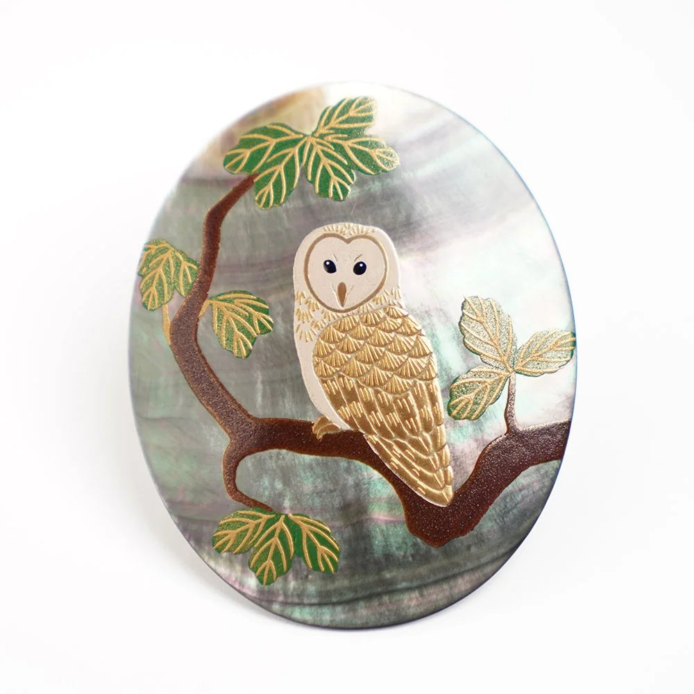 Exquisite Maki-e Urushi Lacquer Brooch with Black Lip Oyster Pearl Shell & Barn Owl Design - Traditional Japanese Lacquer Jewelry for Women - Perfect for Formal Occasions, Weddings & Cultural Events