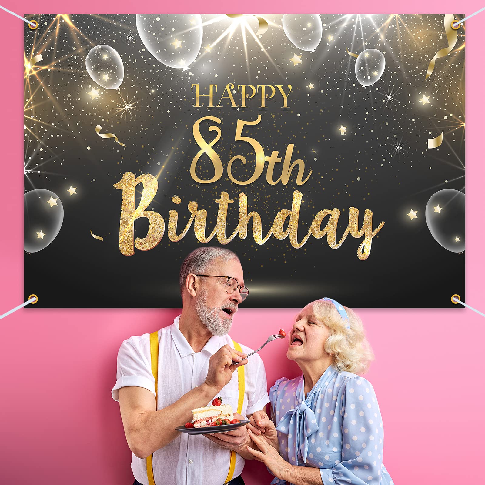 Happy 85th Birthday Glitter Banner - 6x4ft Shining Black Gold Backdrop for Women & Men | 85th Birthday Party Decorations | Perfect for Milestone Celebrations, Anniversaries & Photo Booths