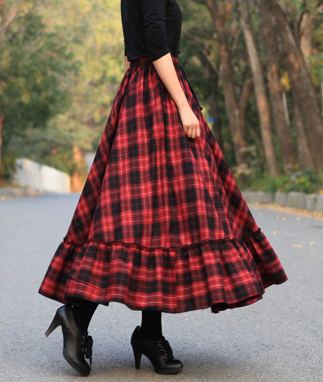 Vintage Plaid Wool Maxi Skirt for Women - Elastic Waist A-Line Long Skirt - Warm Winter Fashion Skirt for Office, Party & Holiday Outfits