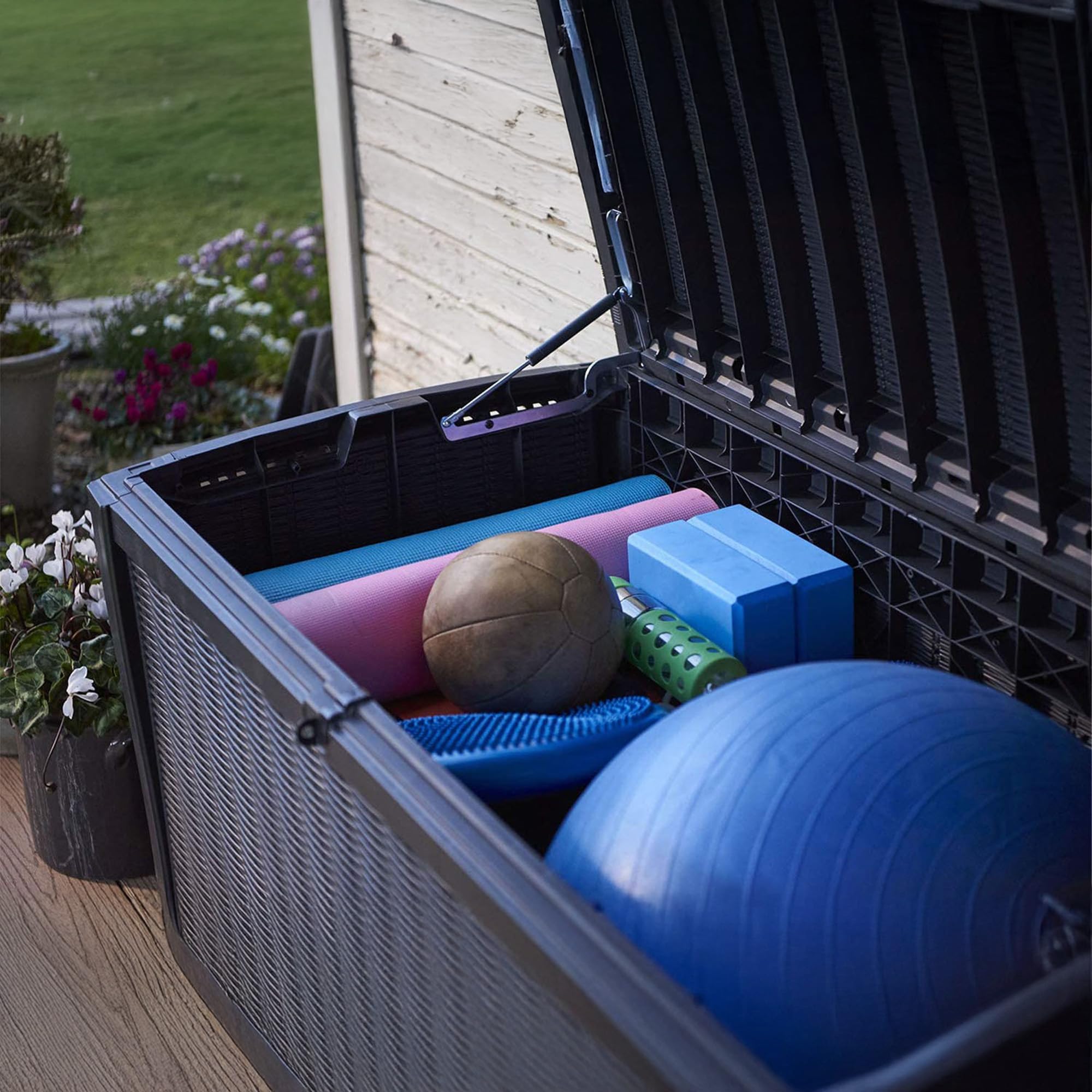 Keter 110 Gallon Outdoor Storage Deck Box - Waterproof Patio Bin for Garden, Pool & Backyard - Durable Grey Plastic Container (Borneo) - Perfect for Storing Cushions, Toys & Outdoor Gear