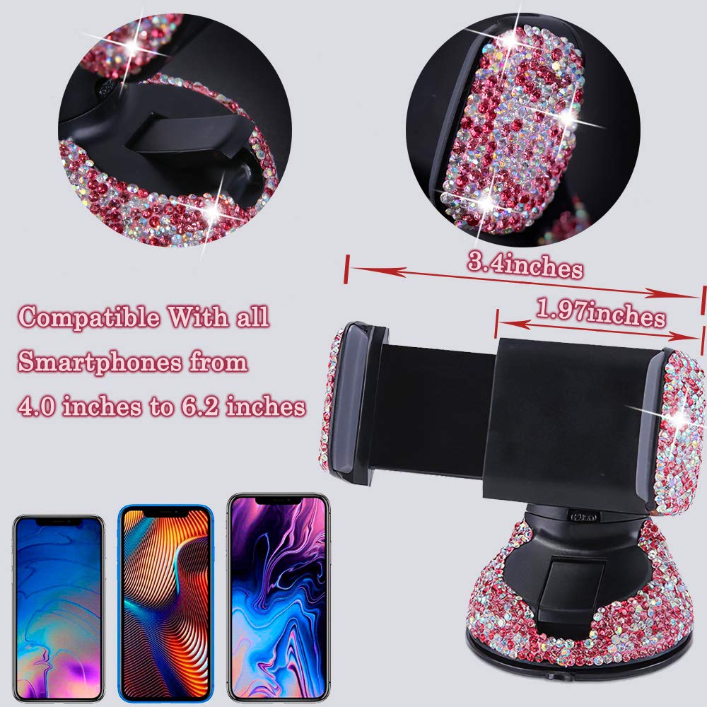 Sparkling Crystal Car Phone Holder Mount - 360° Adjustable Dashboard & Windshield Car Accessory for Women (Pink) | Perfect for Safe Driving & Stylish Commuting