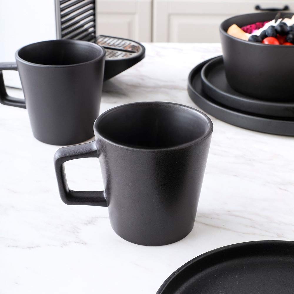 Premium 16-Piece Black Stoneware Dinnerware Set - Includes Dinner Plates, Salad Plates, Soup Bowls & Coffee Mugs - Elegant Table Setting for Family Meals, Dinner Parties & Restaurant Use