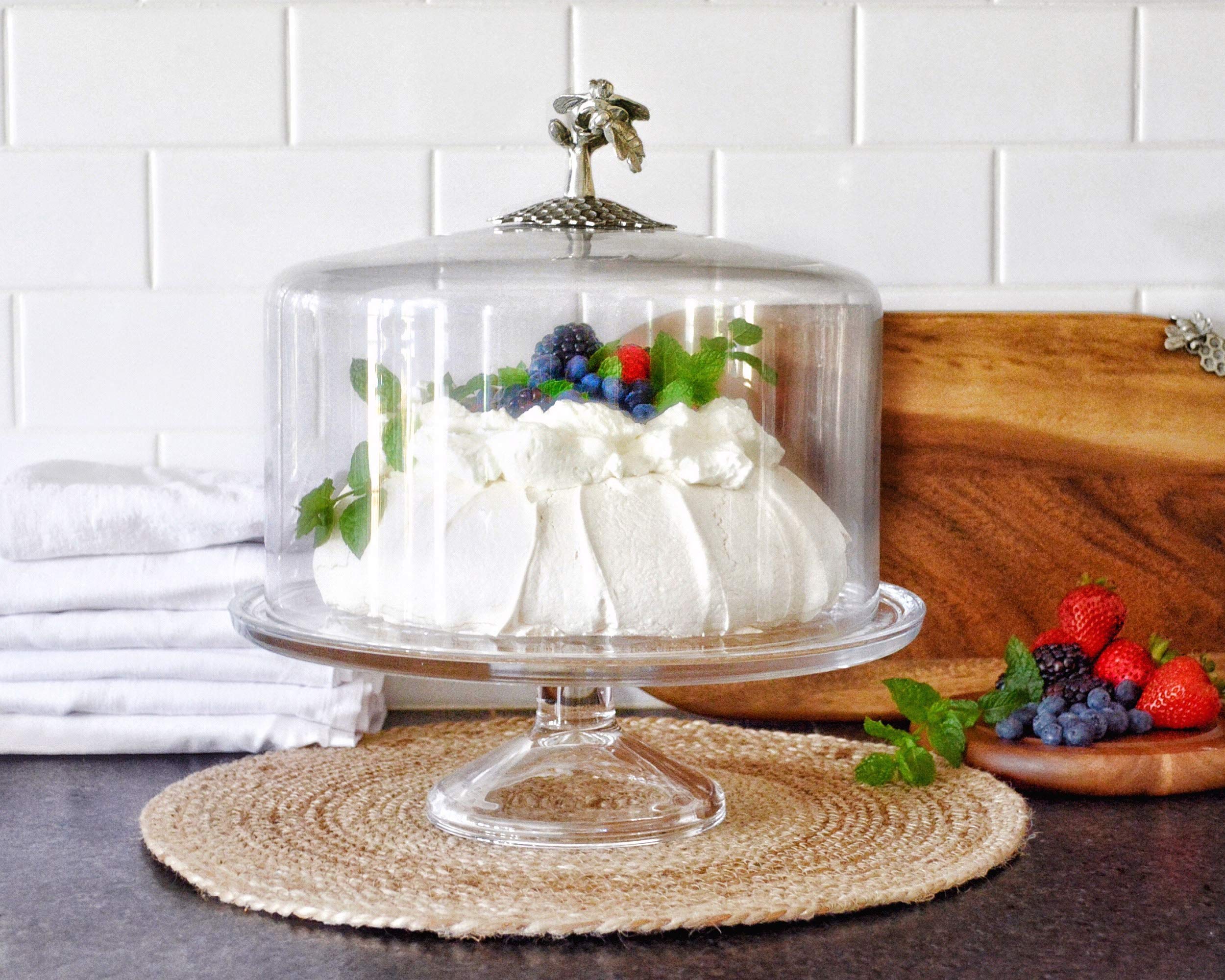 Handblown Glass Cake Stand with Dome Cover & Pewter Honey Bee Knob - 13