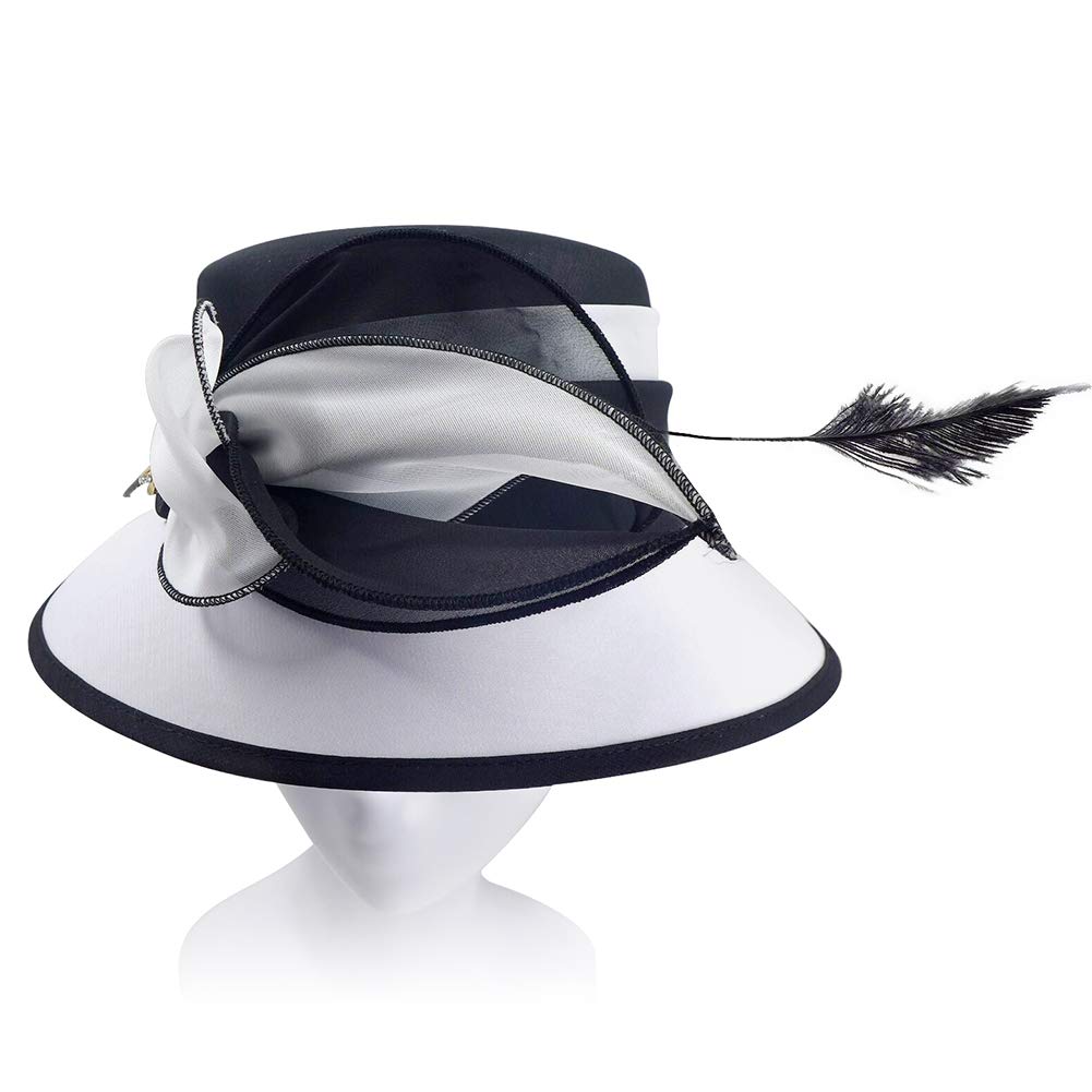 Elegant Black & White Derby Hats with Feather for Women | Formal Church & Wedding Hats | Stylish Bucket Hat for Sunday Service, Tea Party & Special Occasions