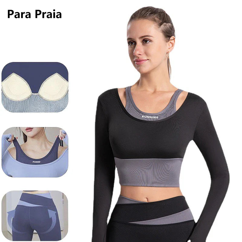 Women's High Waist Yoga Set - Long Sleeve Fitness Vest with Pads & Sports Leggings Bra - Autumn Winter Workout Outfit for Gym, Running & Yoga